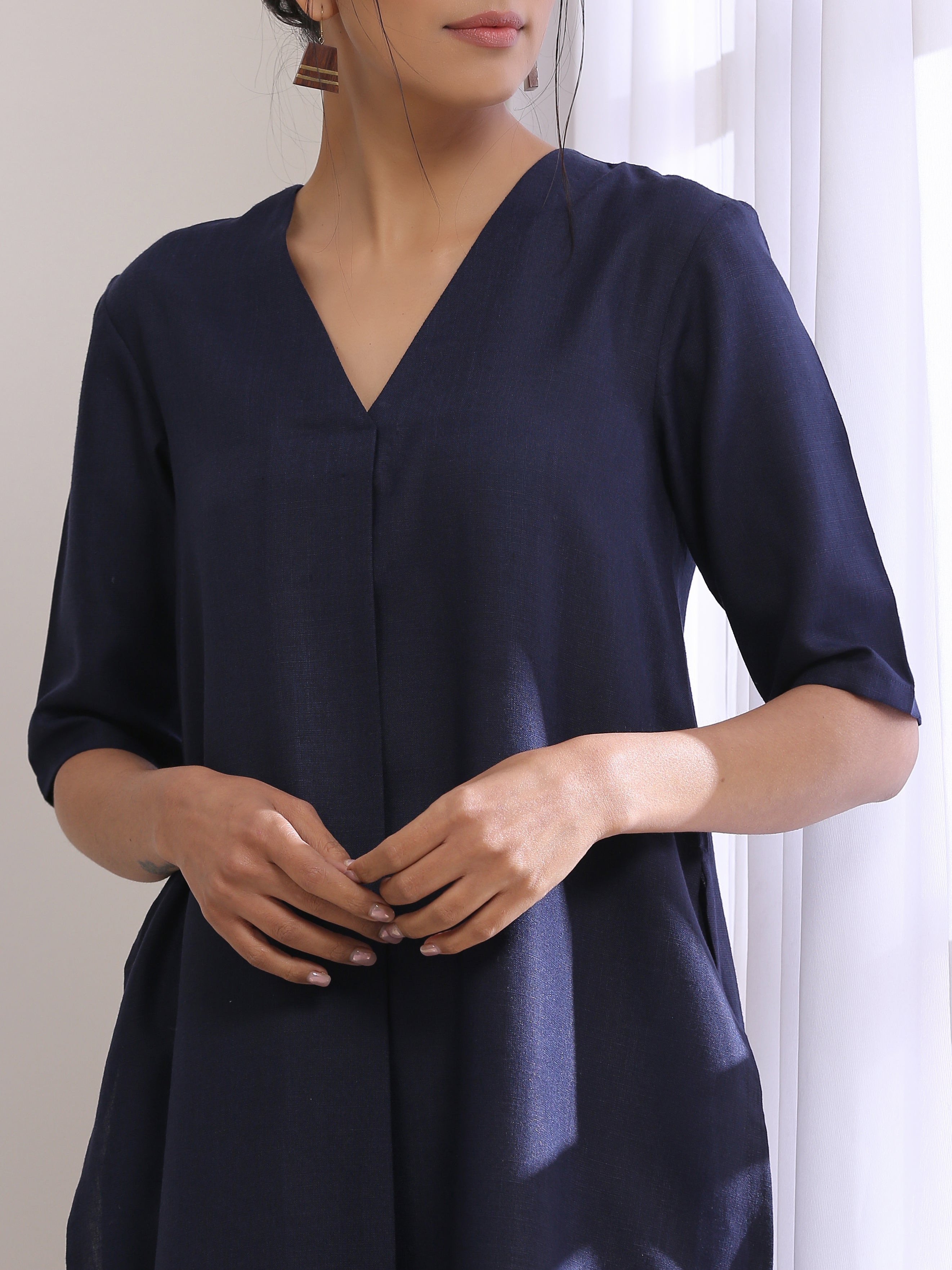 trueBrowns Blue Slub High Slit Kurta Pant Set - Distacart