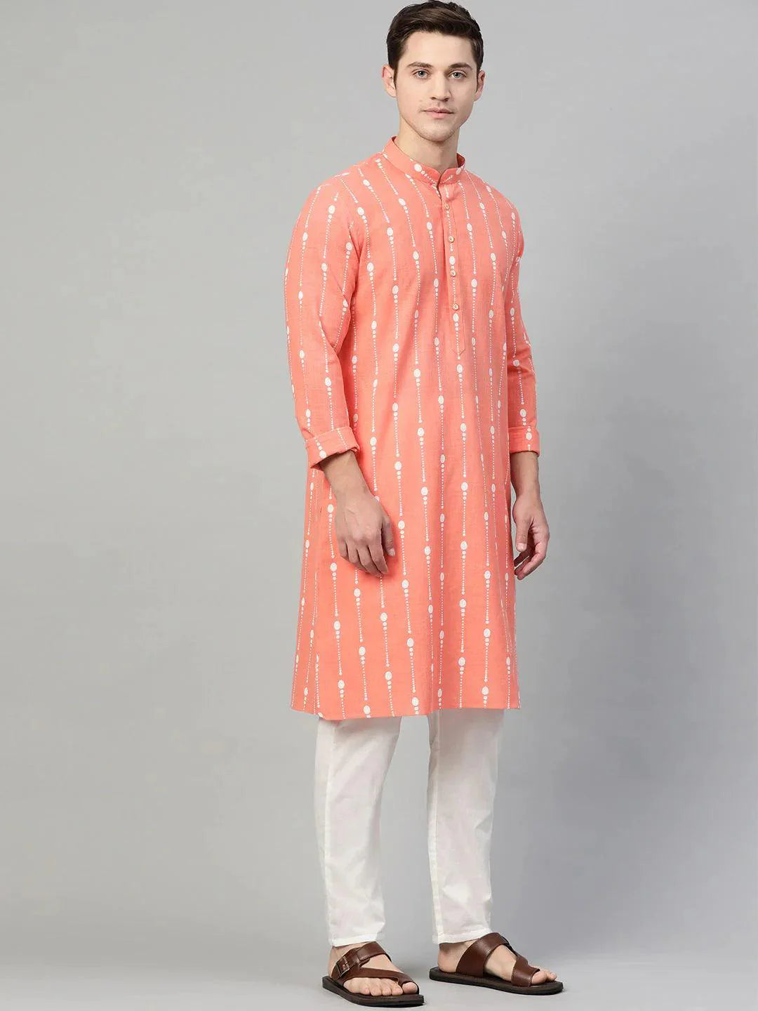 Fabmade Peach & White Printed Straight Kurta With Pyjama For Men - Distacart