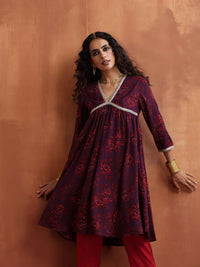 Thumbnail for trueBrowns Purple Floral Print Anarkali Kurta Co-ord Set