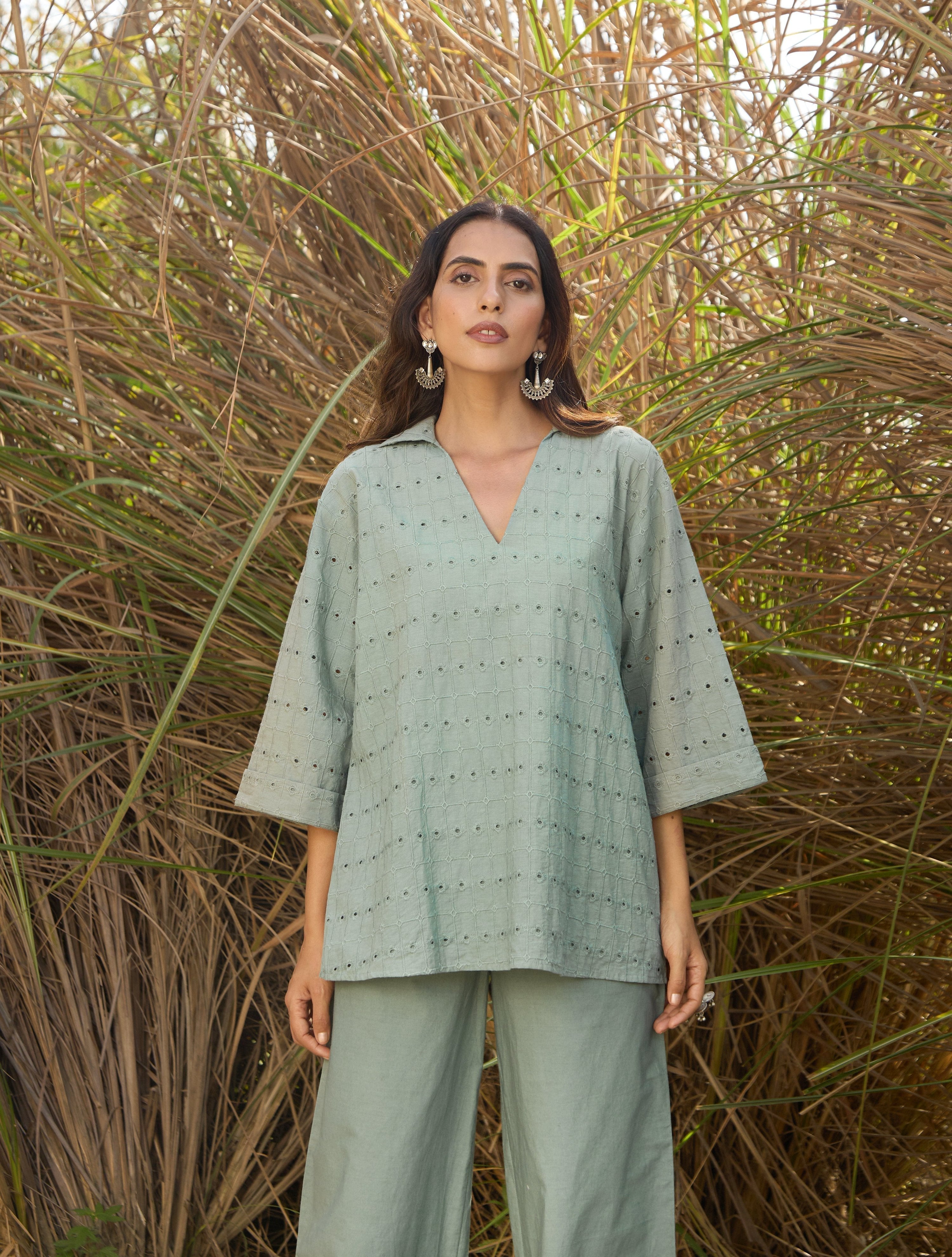 trueBrowns Blue Cotton Cutwork Embroidered Co-ord Set - Distacart