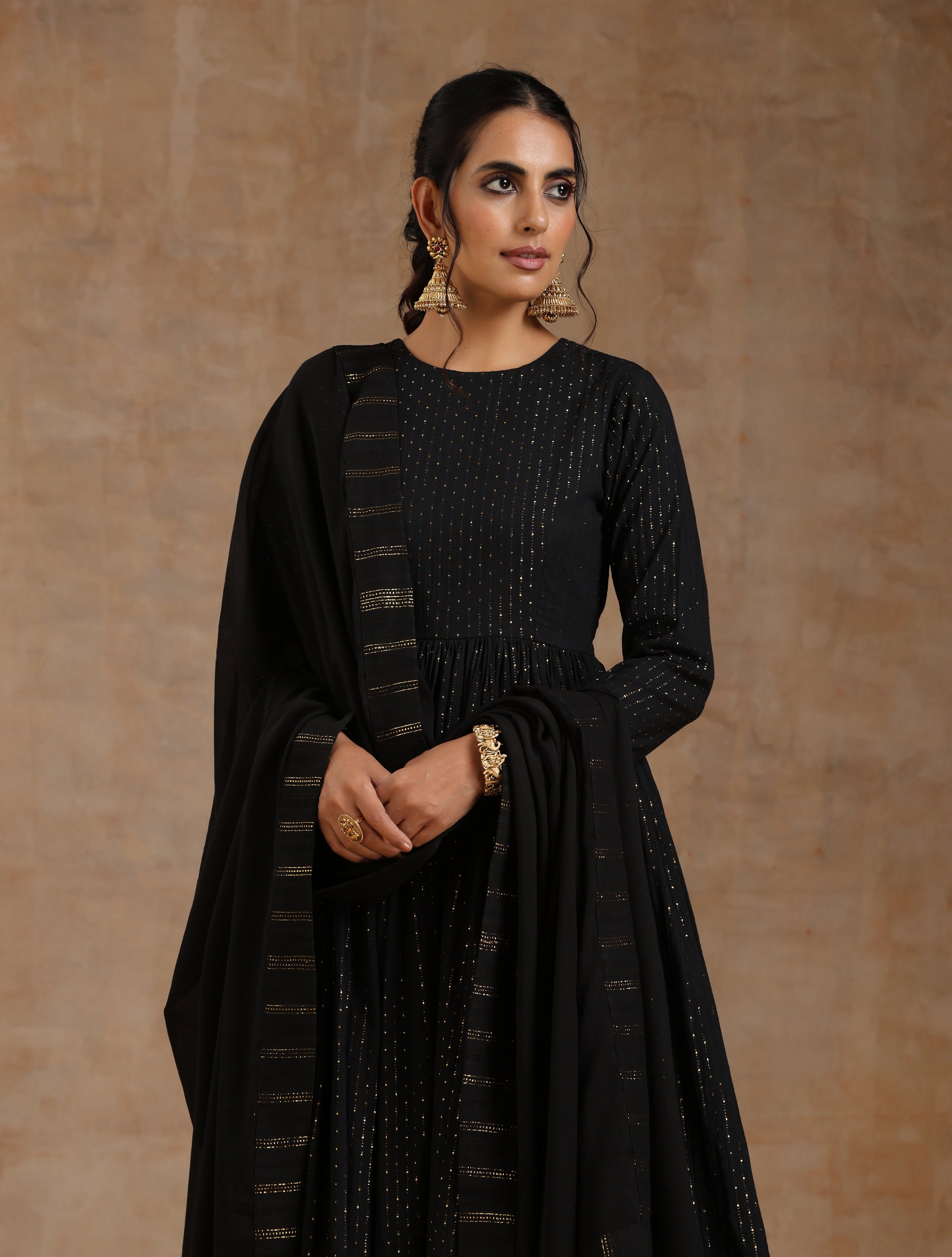 trueBrowns Black Gold Cotton Anarkali Set - Distacart