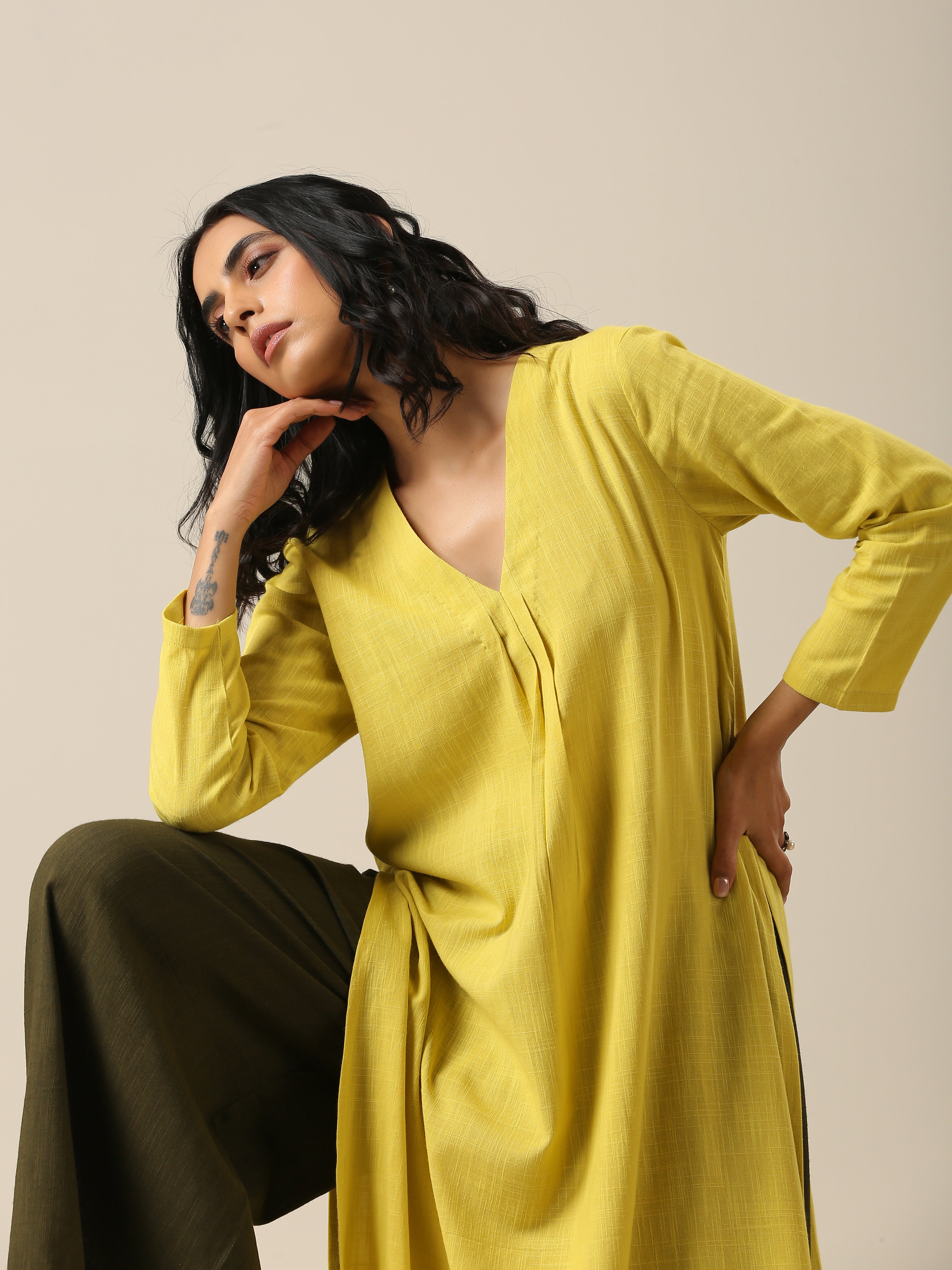 trueBrowns Lime Slub Texture Slit Kurta Palazzo Set - Distacart