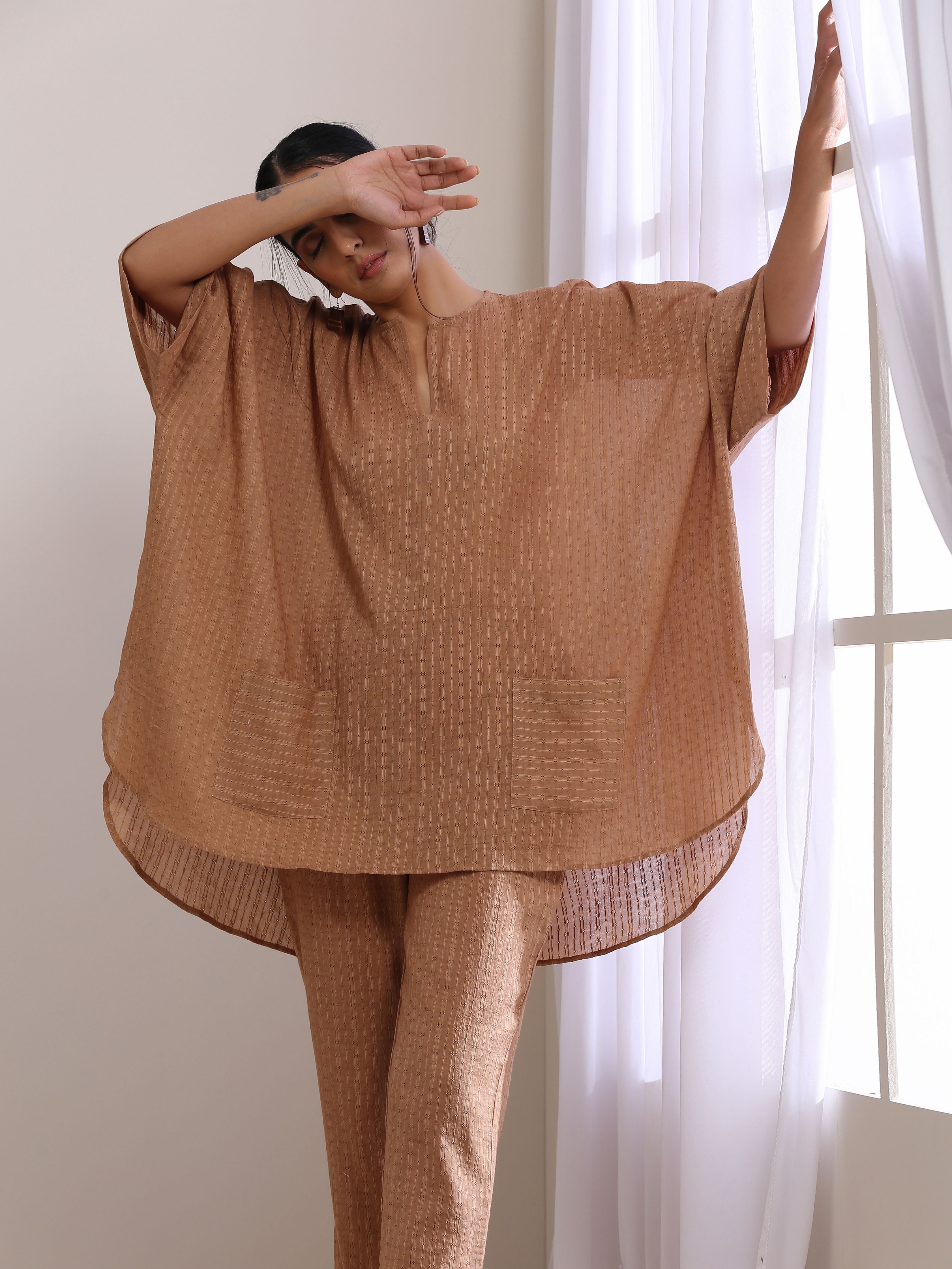 trueBrowns Beige Dobby Boxy Fit High-Low Co-Ord Set - Distacart