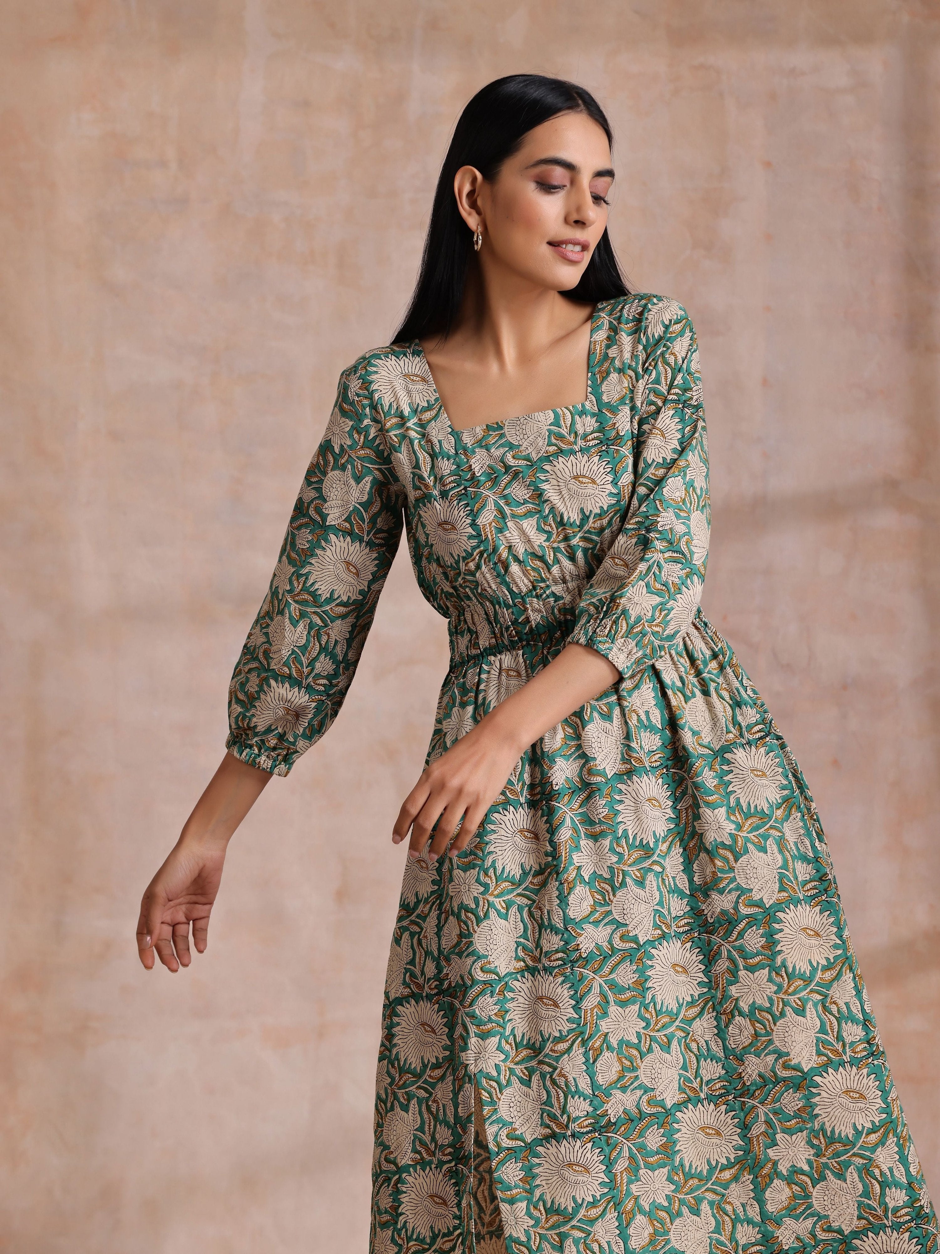 trueBrowns Fern Green Overall Floral Block Print Cotton Square Neck Dress - Distacart