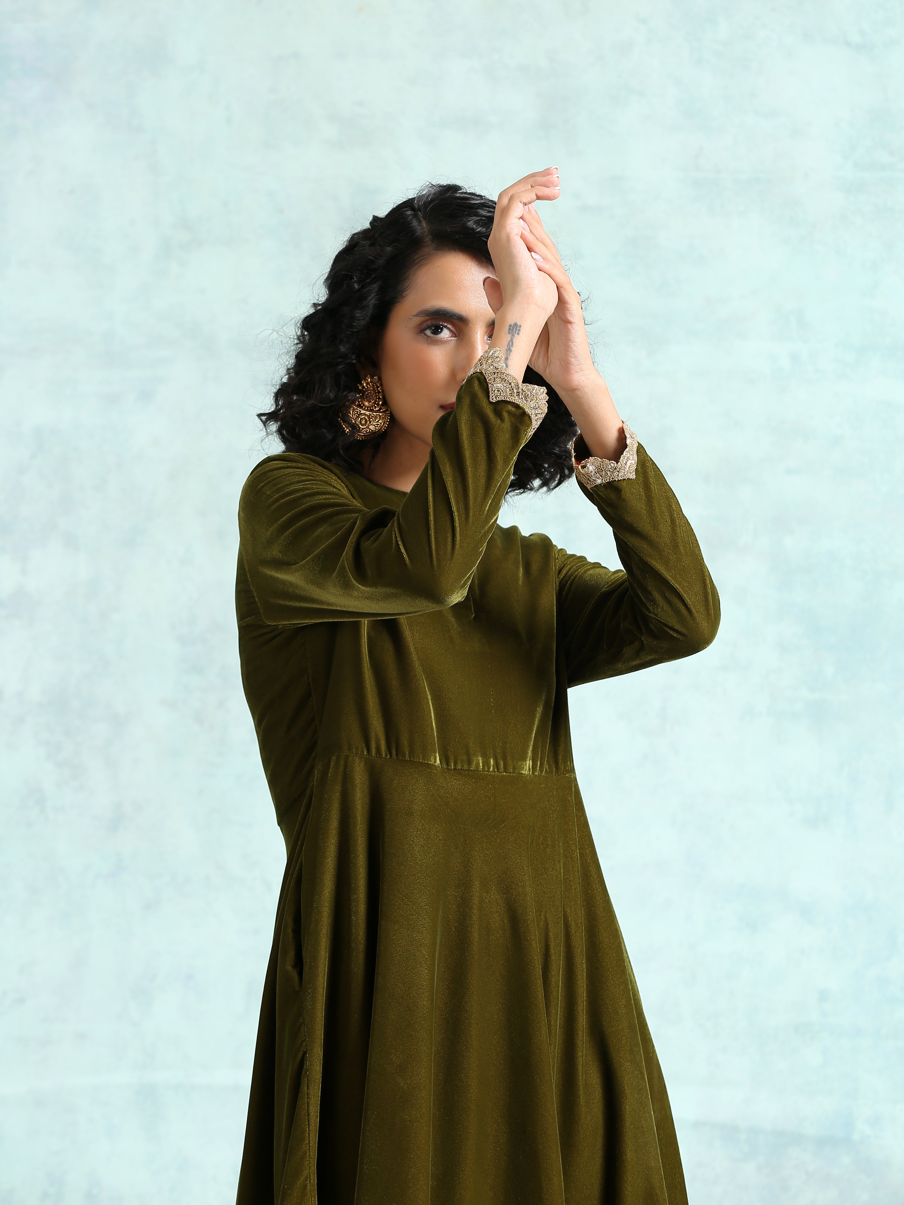 trueBrowns Mehandi Velvet Anarkali Kurta - Distacart