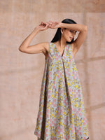 Thumbnail for trueBrowns Grey Overall Floral Block Print Cotton Sleeveless Flared Kurta Pant Set - Distacart