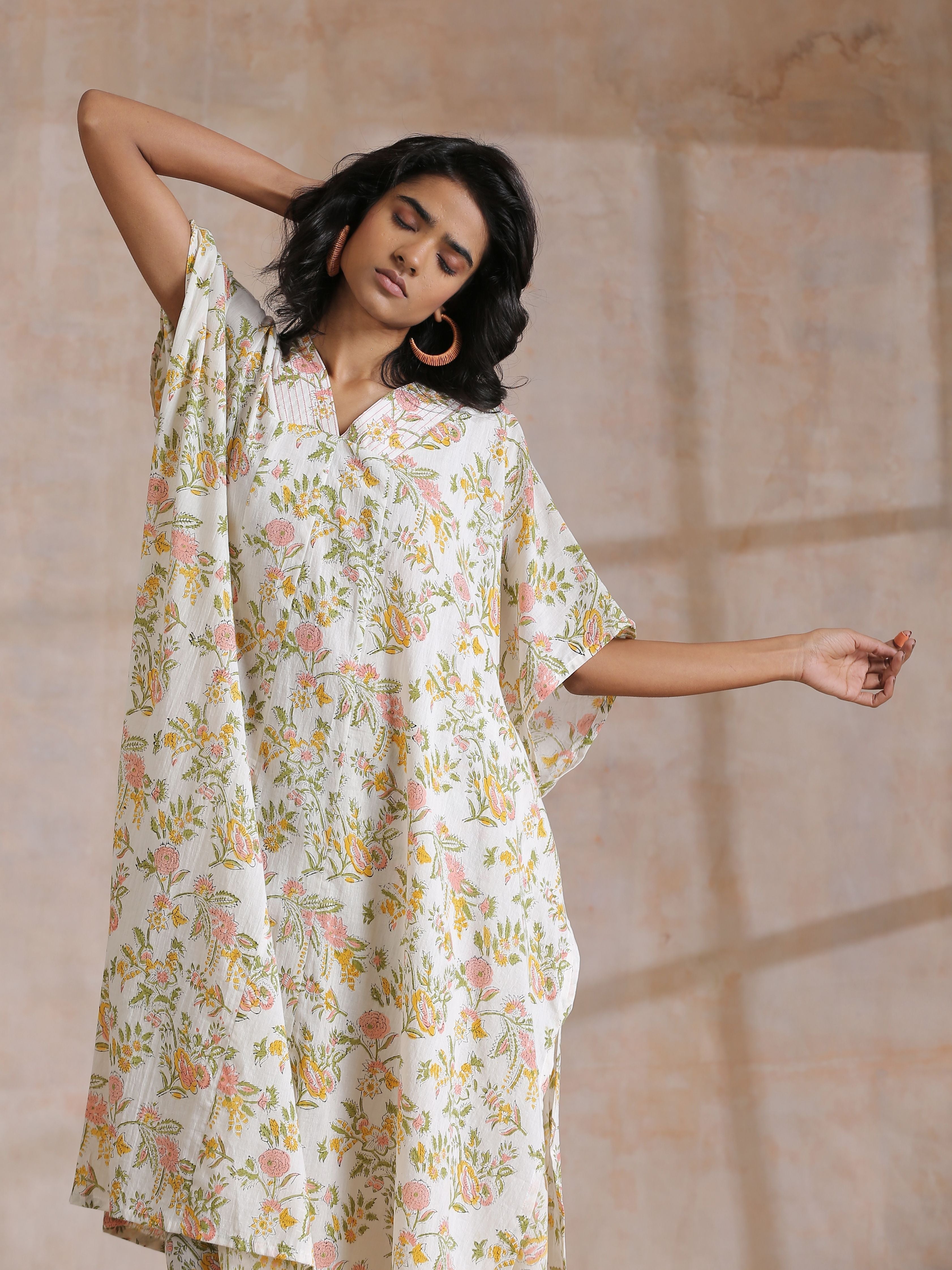 trueBrowns Pink Yellow Floral On White Block Print Cotton Panel Kaftan Kurta Pant Set - Distacart