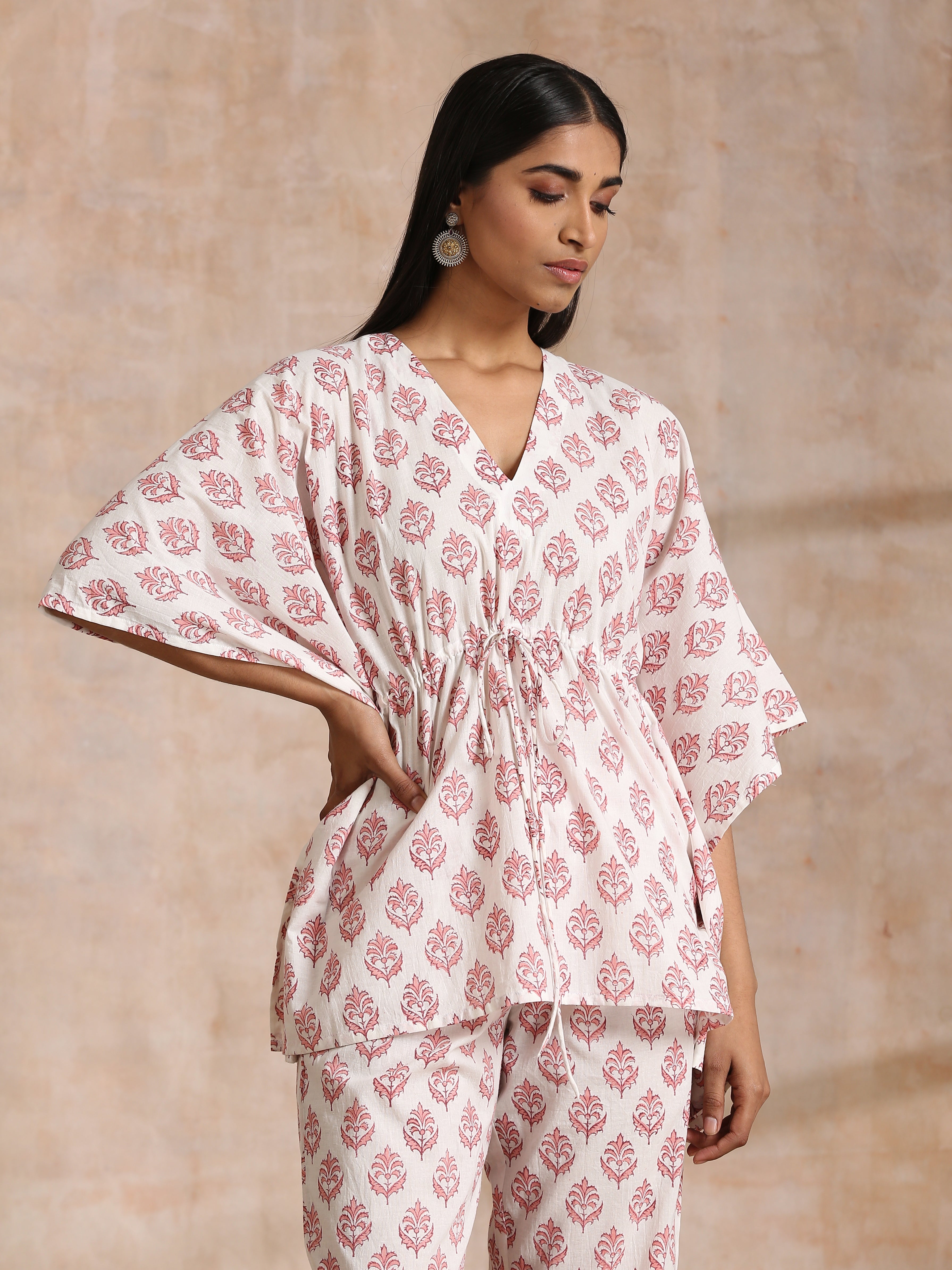 trueBrowns Pink Buta On White Block Print Cotton Kaftan Co-Ord Set - Distacart