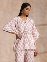 Thumbnail for trueBrowns Pink Buta On White Block Print Cotton Kaftan Co-Ord Set - Distacart