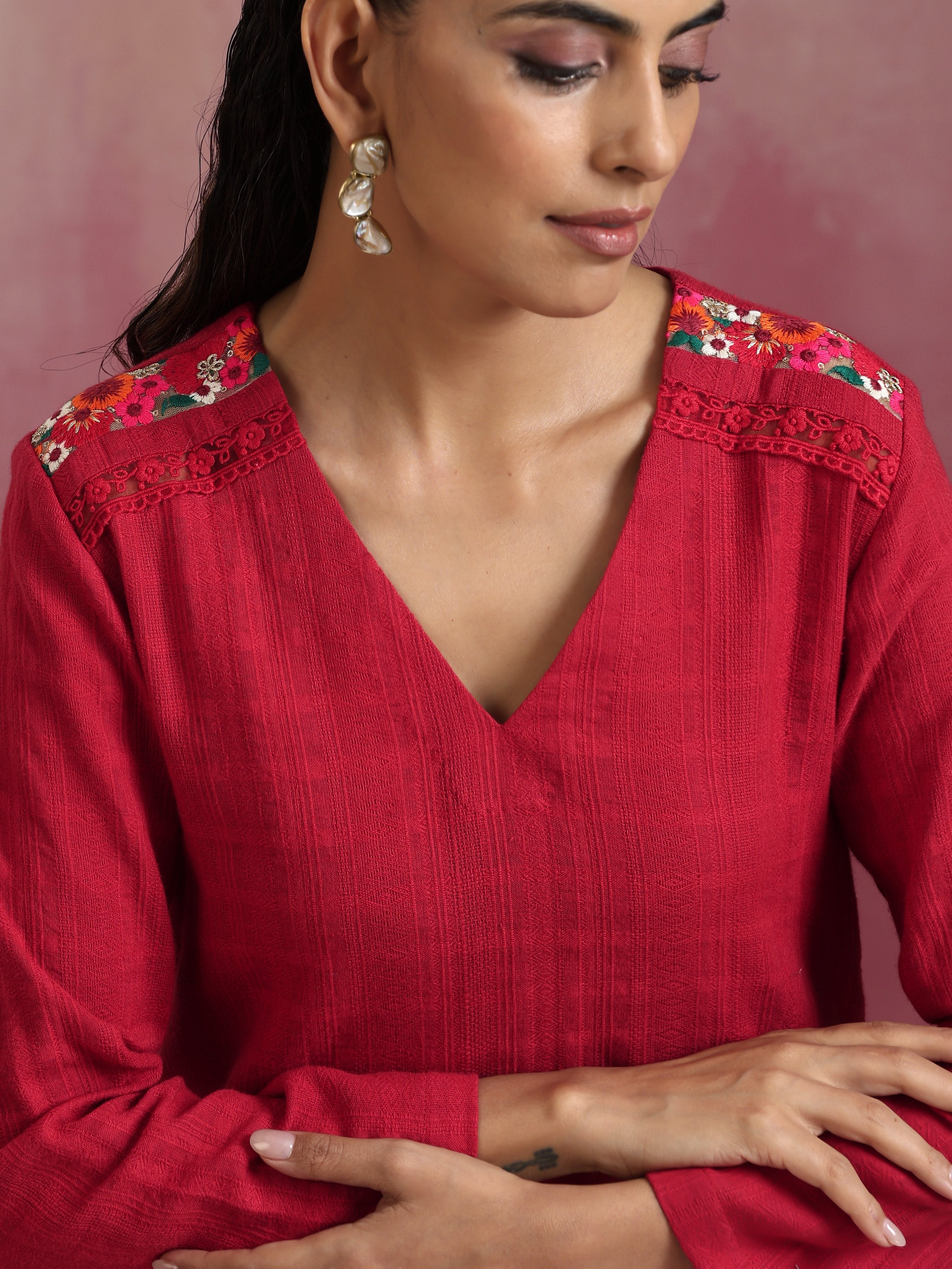 trueBrowns Red Cotton Dobby Kurta Co-ord set - Distacart