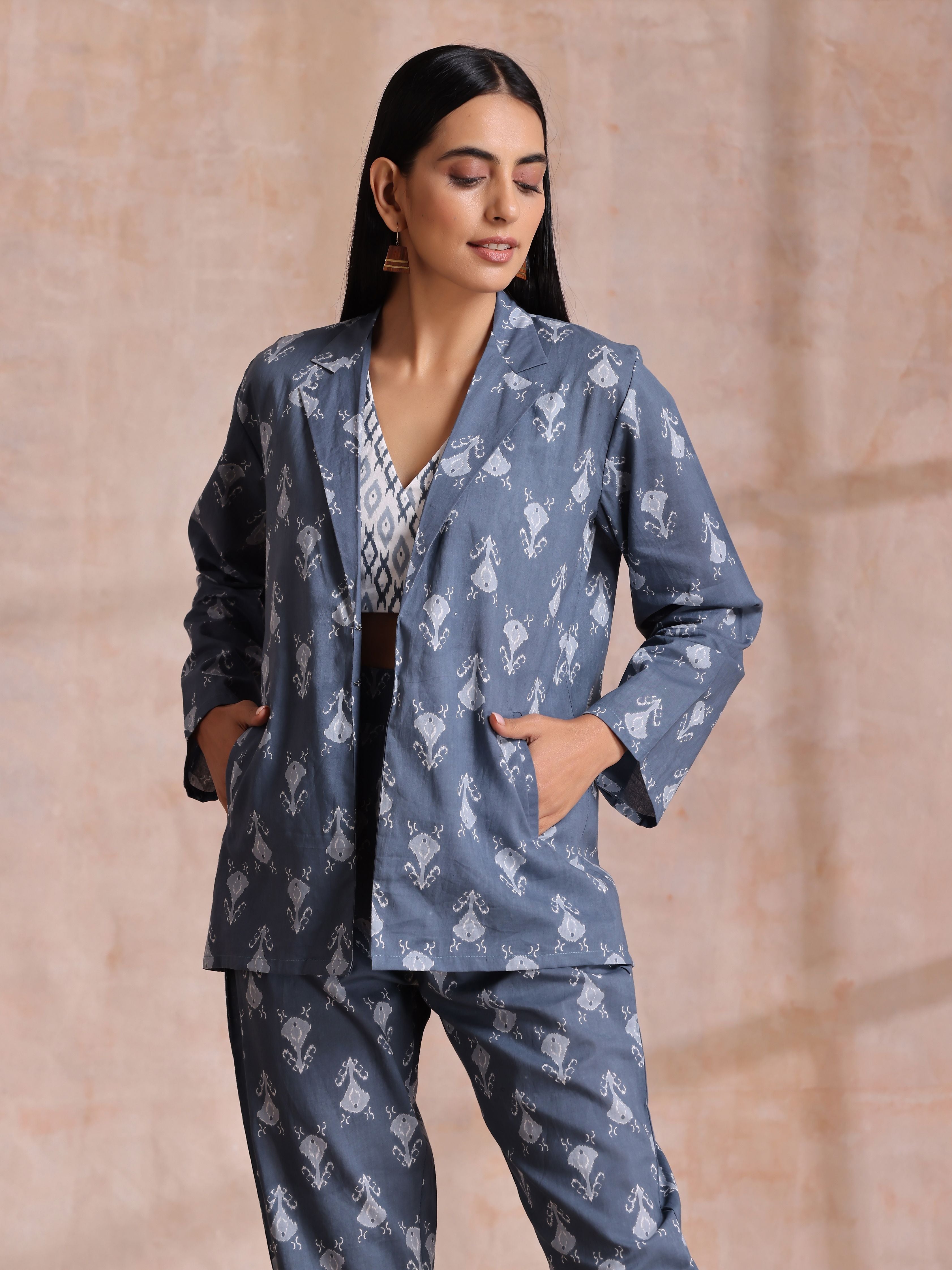 trueBrowns Grey On Grey Ikat Print Cotton Pant Suit Set - Distacart