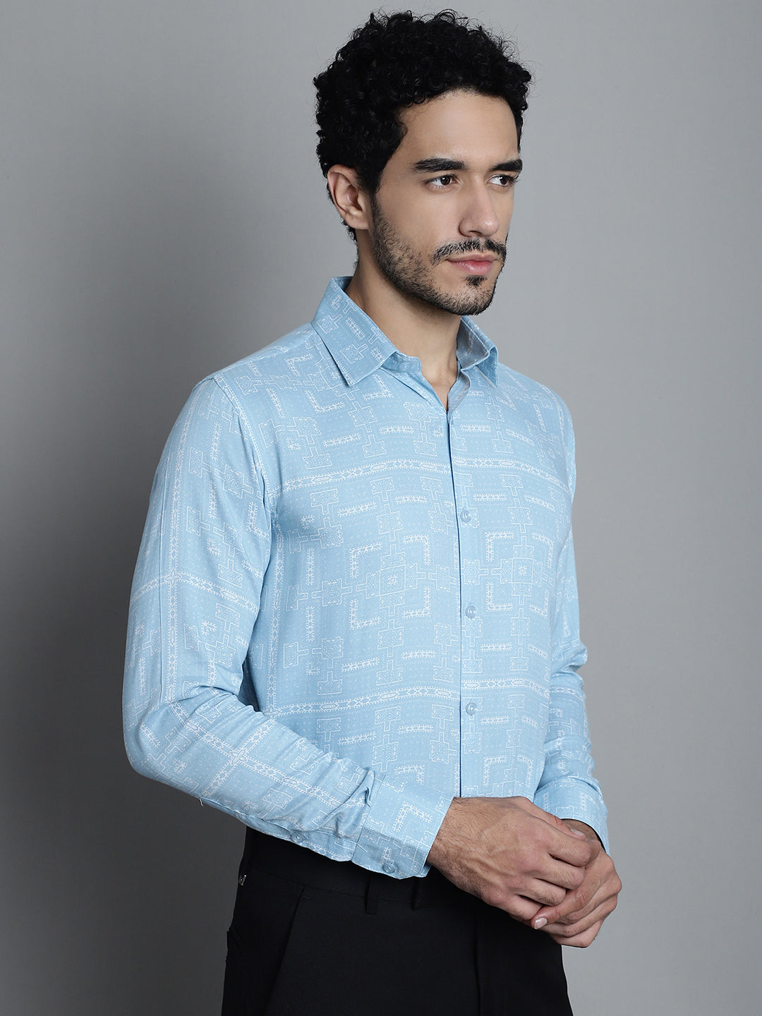 Jainish Men's Geomatric Printed Formal Shirts - Sky Blue - Distacart