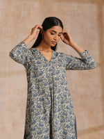 Thumbnail for trueBrowns Blue Grey Overall Floral Block On White Print Cotton Kurta Pant Set - Distacart