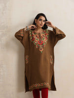 Thumbnail for trueBrowns Brown Kashmiri Floral Embroidered Woollen Phiran Kurta - Distacart