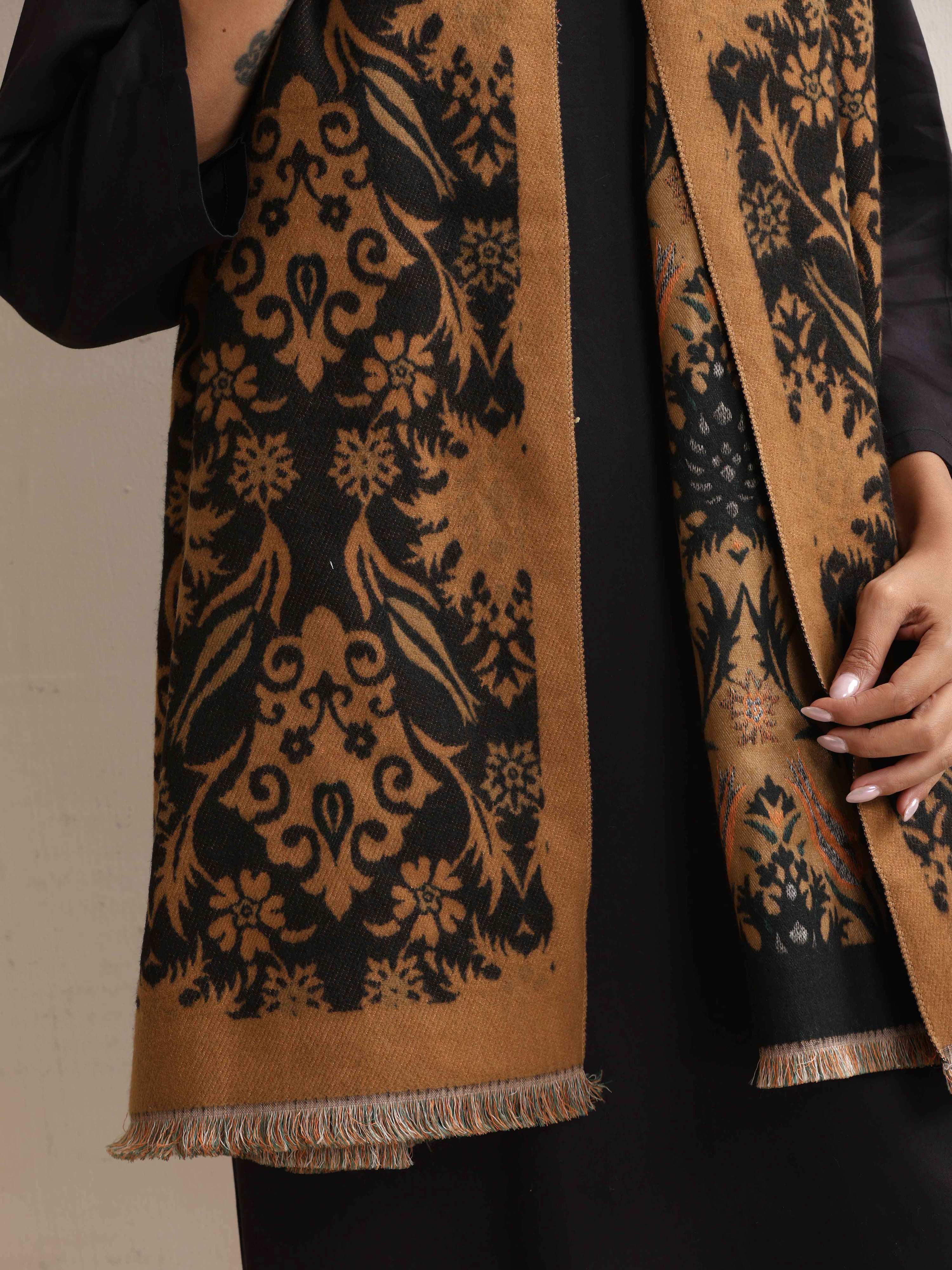 trueBrowns Brown Floral Reversible Woollen Stole - Distacart