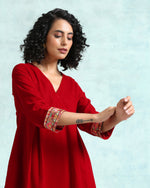 Thumbnail for trueBrowns True Red Velvet Yoke Kurta - Distacart