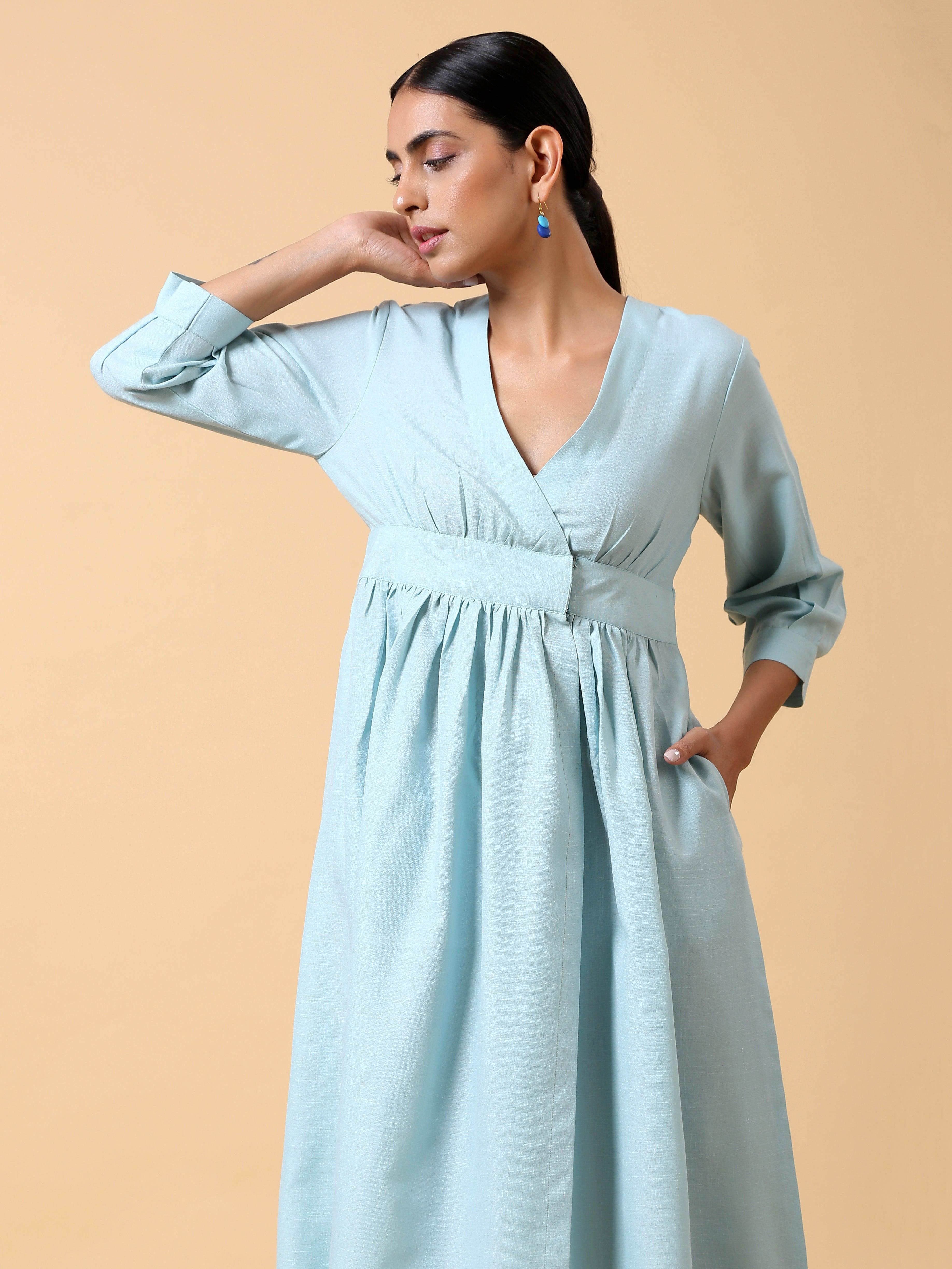 trueBrowns Cotton Linen Light Blue Wrap Dress - Distacart