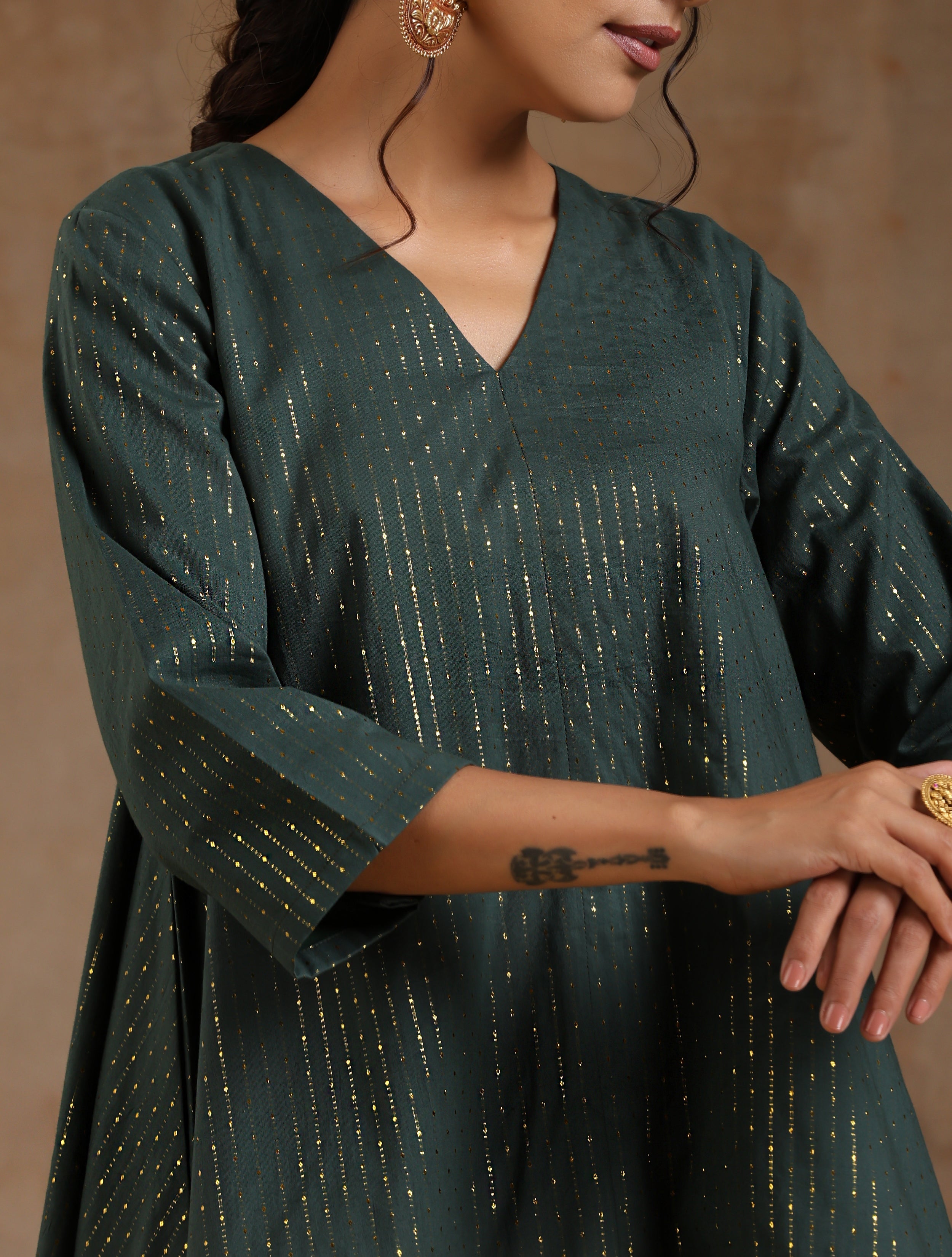 trueBrowns Dark Green Gold Cotton High-Low Co-Ord Set - Distacart