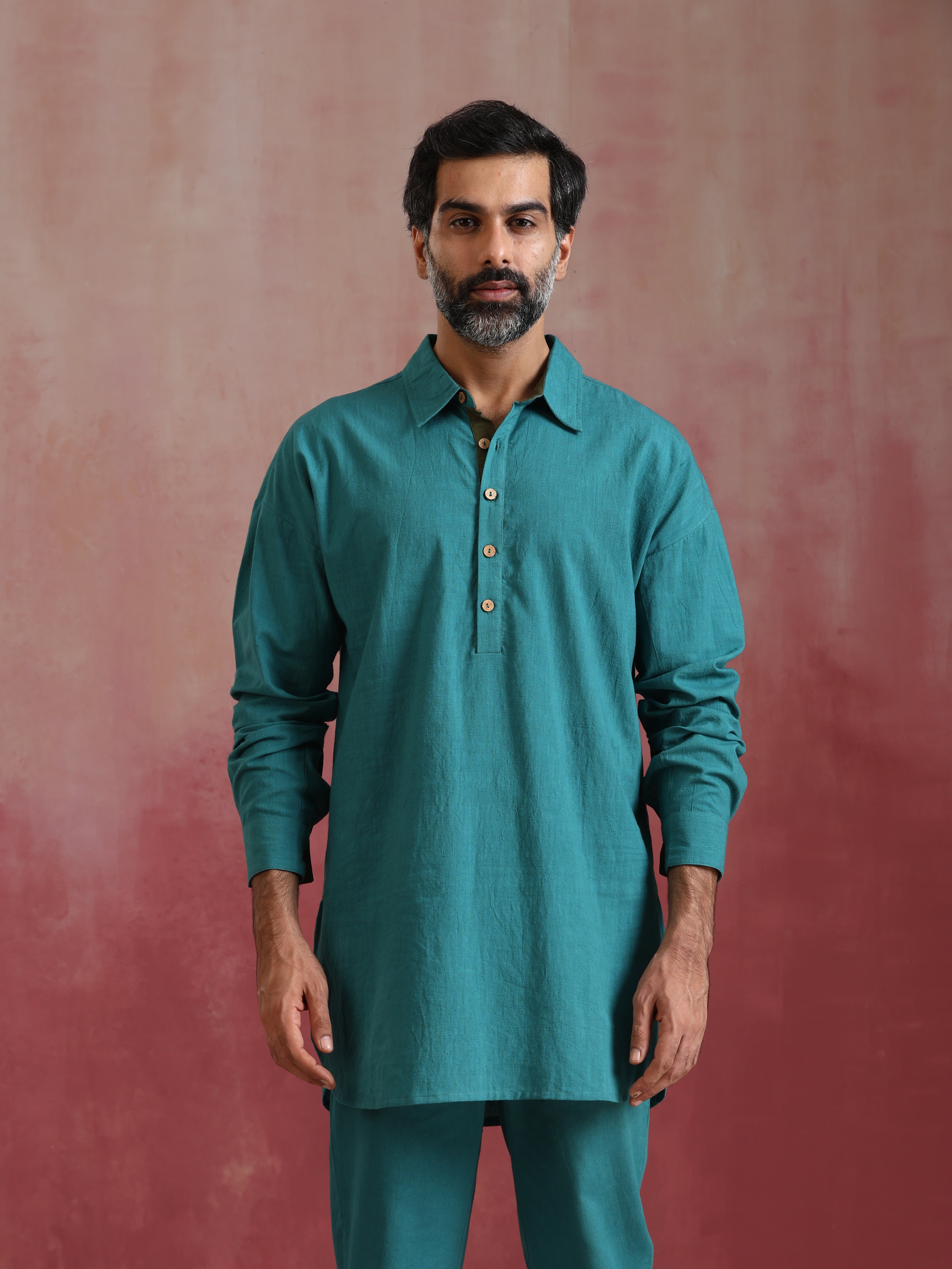 trueBrowns Men's Teal Cotton Shirt Collar Stylized Kurta Co-ord set - Distacart