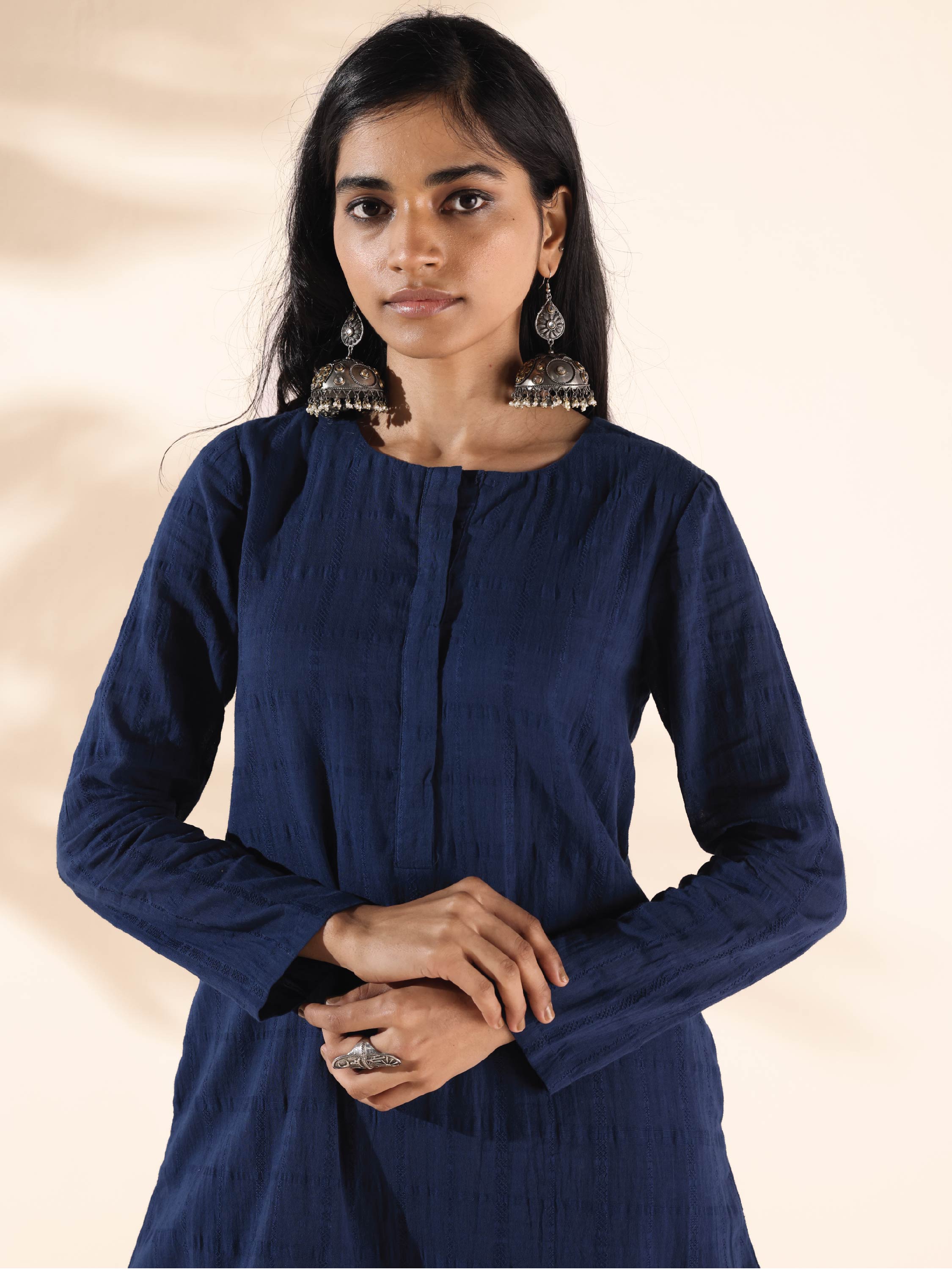 trueBrowns Blue Cotton Dobby Relaxed Co-ord Set - Distacart