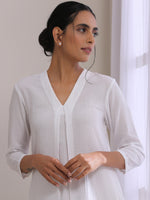Thumbnail for trueBrowns White Dobby Neck Pleat Kurta Pant Set - Distacart
