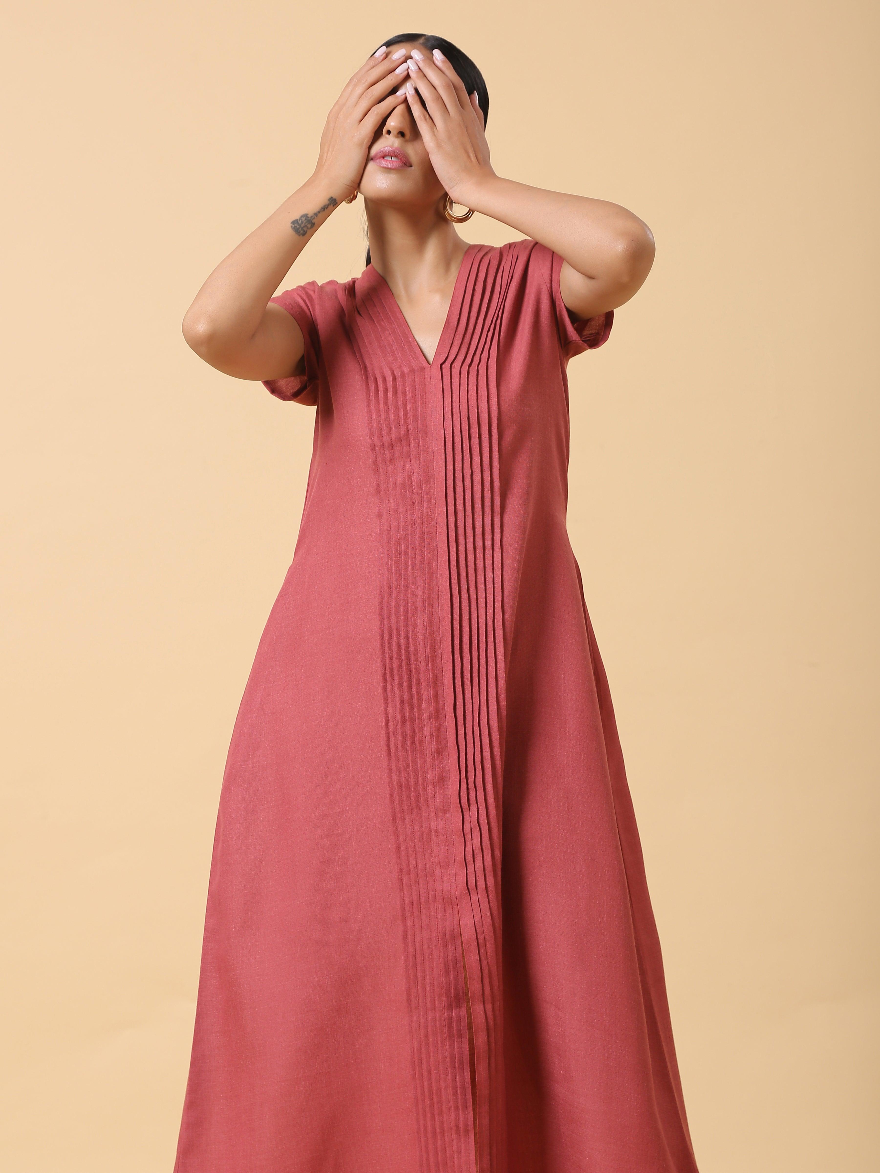 trueBrowns Cotton Linen Rust Red Pleated Dress - Distacart
