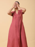 Thumbnail for trueBrowns Cotton Linen Rust Red Pleated Dress - Distacart