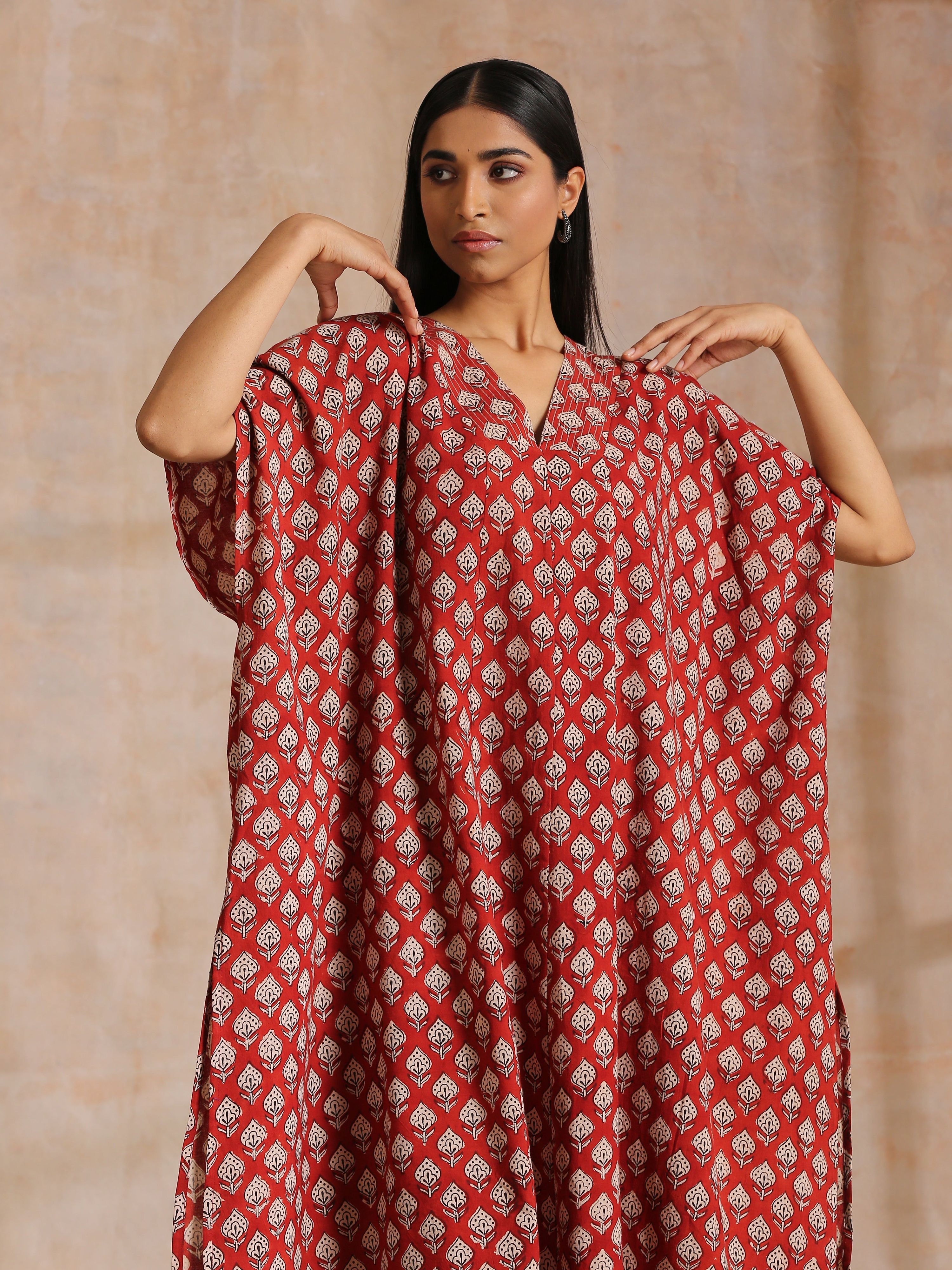 trueBrowns Rust Red Bagru Floral Print Cotton Panel Kaftan Kurta Pant Set - Distacart