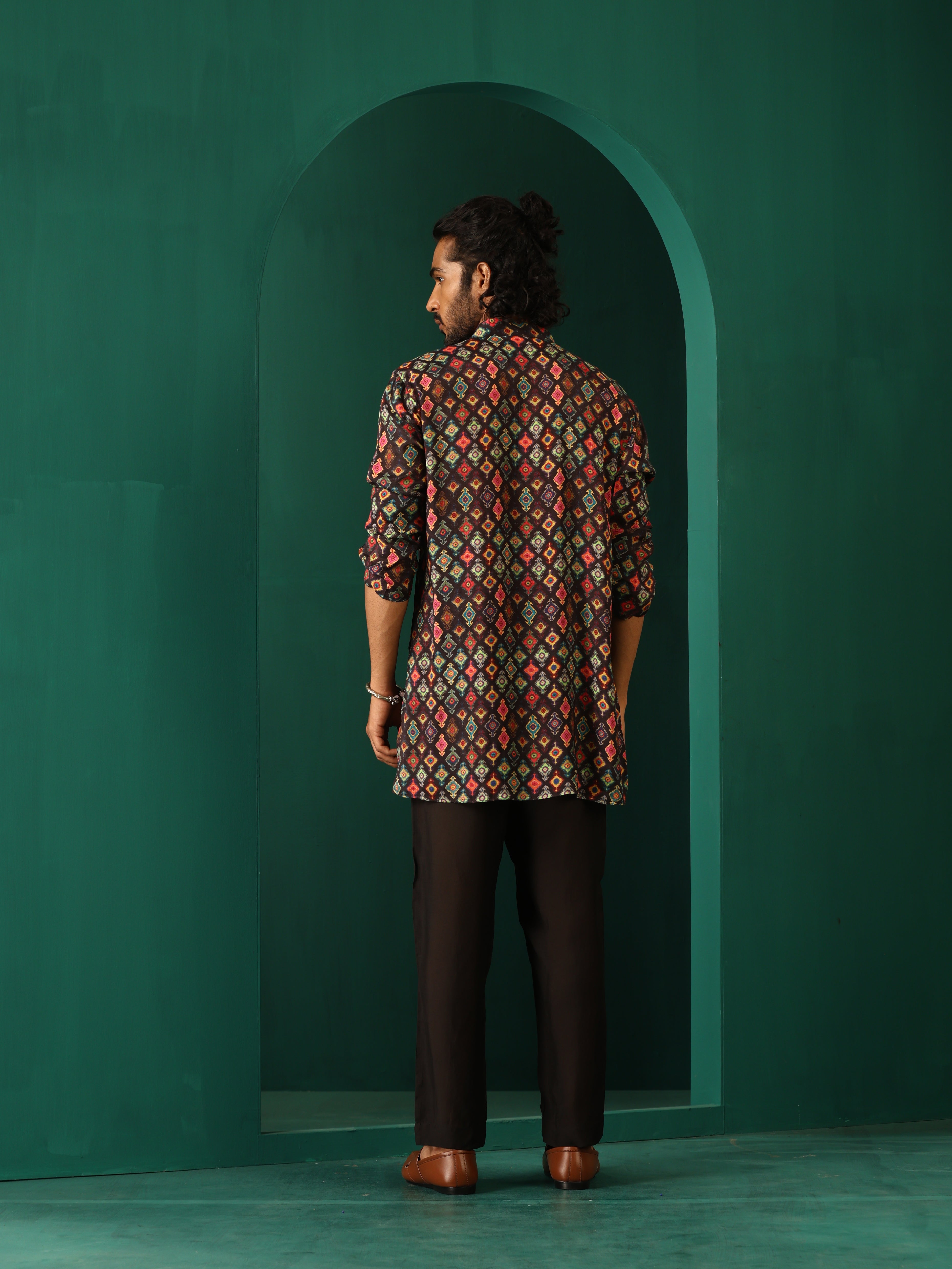 trueBrowns Men's Black Ikat Muslin Silk Printed Co-ord Set - Distacart