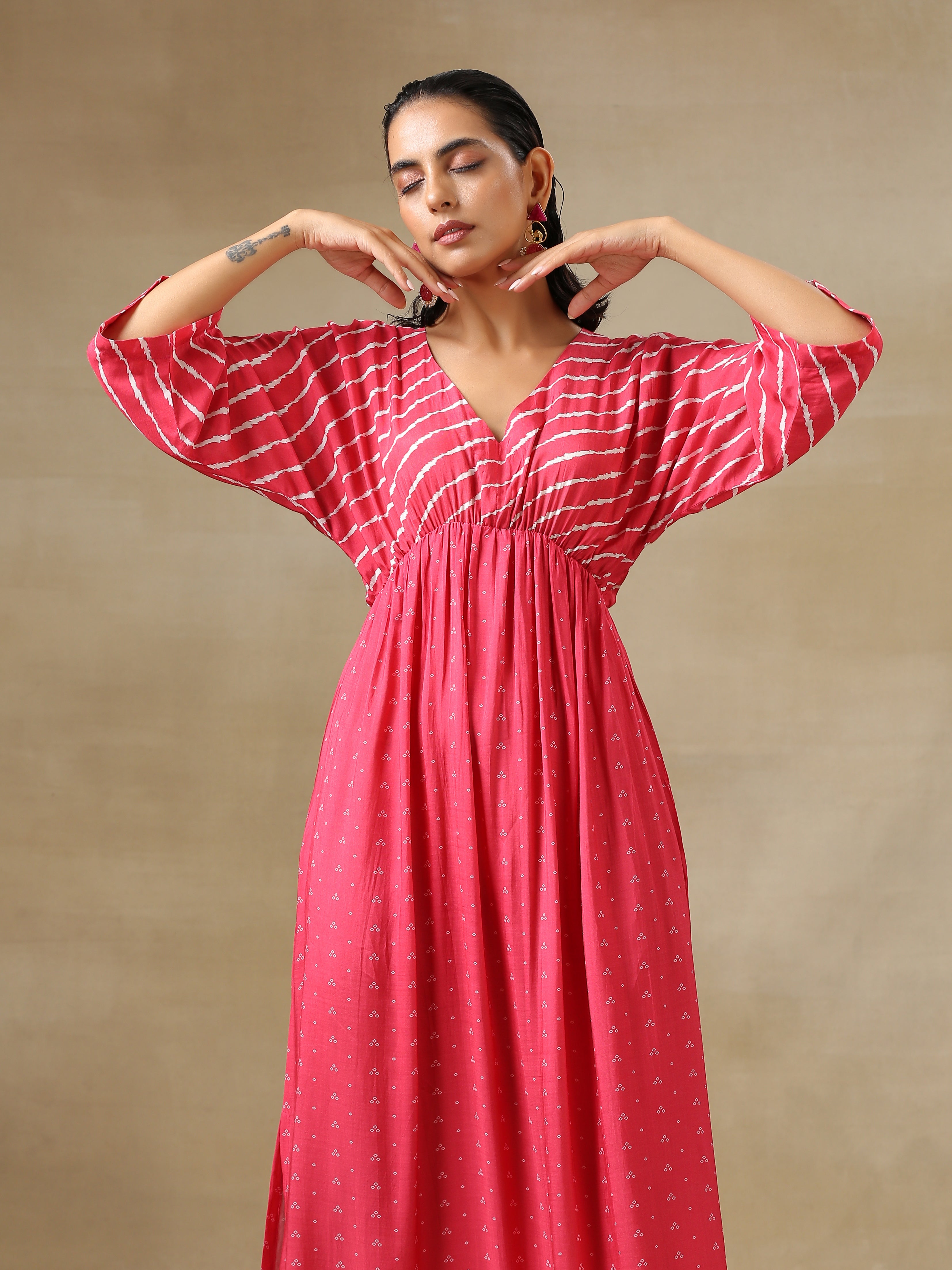 trueBrowns Pink Bandhani Printed Silk Drop Shoulder Dress - Distacart