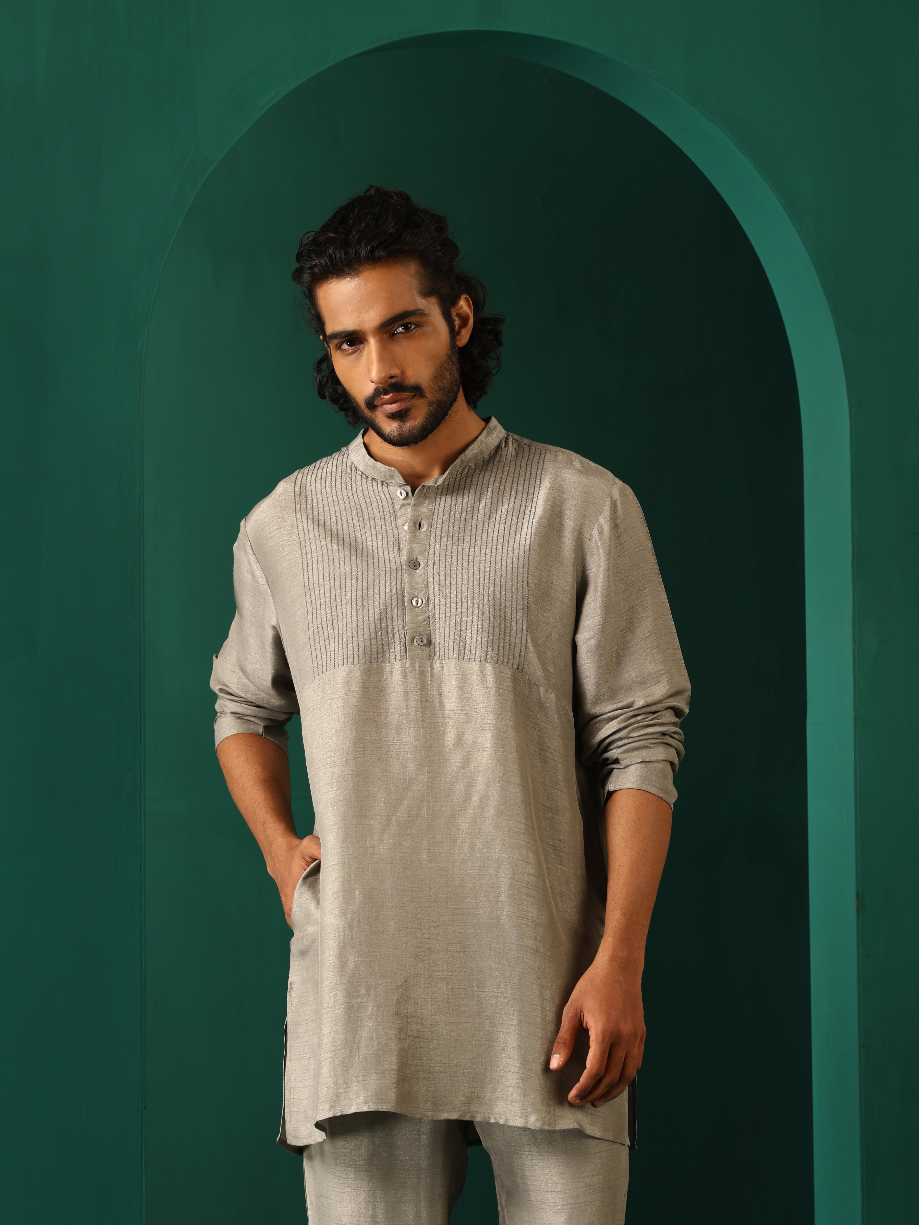 trueBrowns Men's Grey Silk Co-ord Set Yoke Detail - Distacart