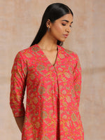 Thumbnail for trueBrowns Flamingo Pink Overall Floral Block Print Cotton Slit Kurta Pant Set - Distacart