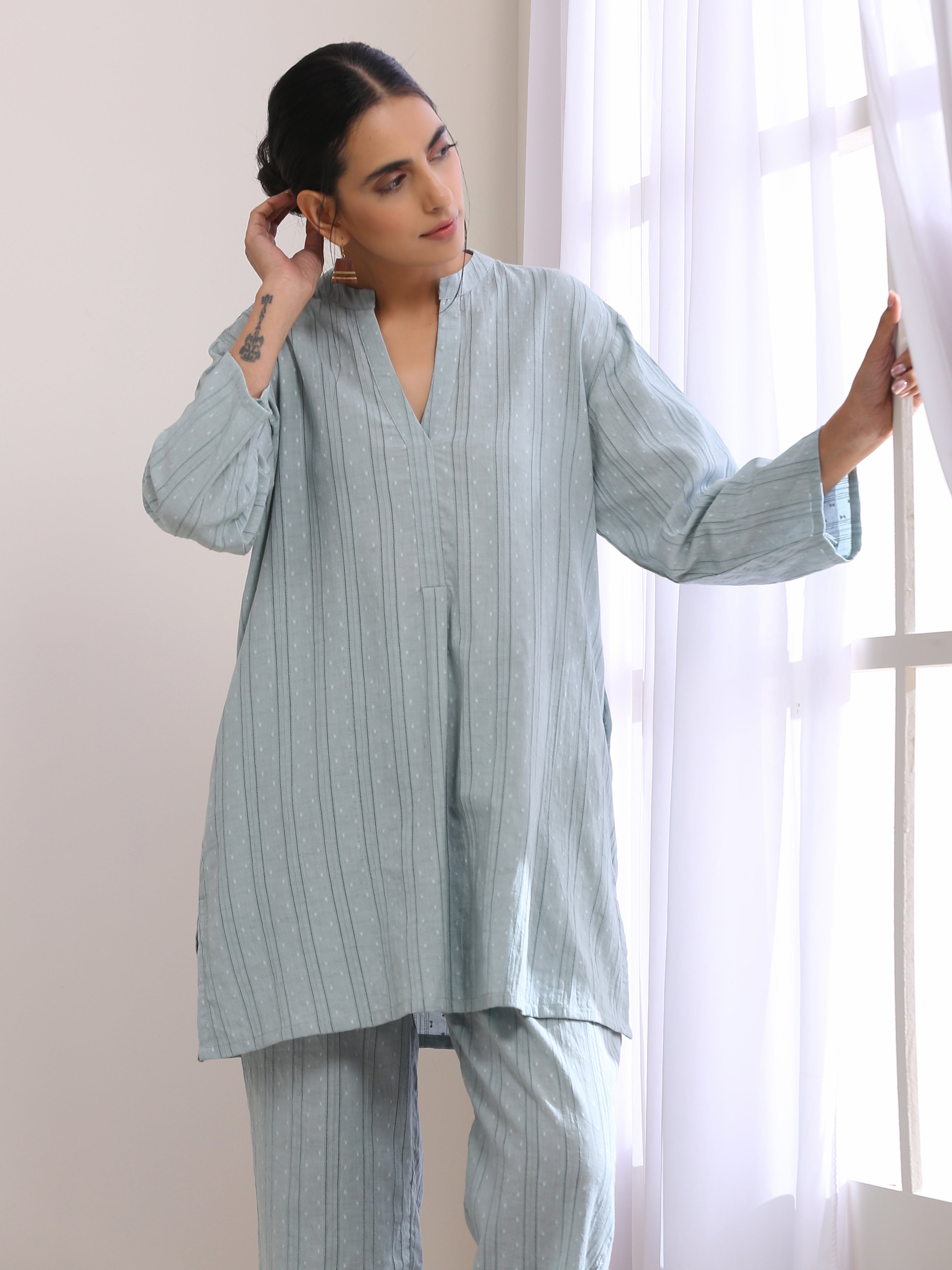 trueBrowns Eggshell Blue Dobby Relaxed Fit Co-Ord Set - Distacart