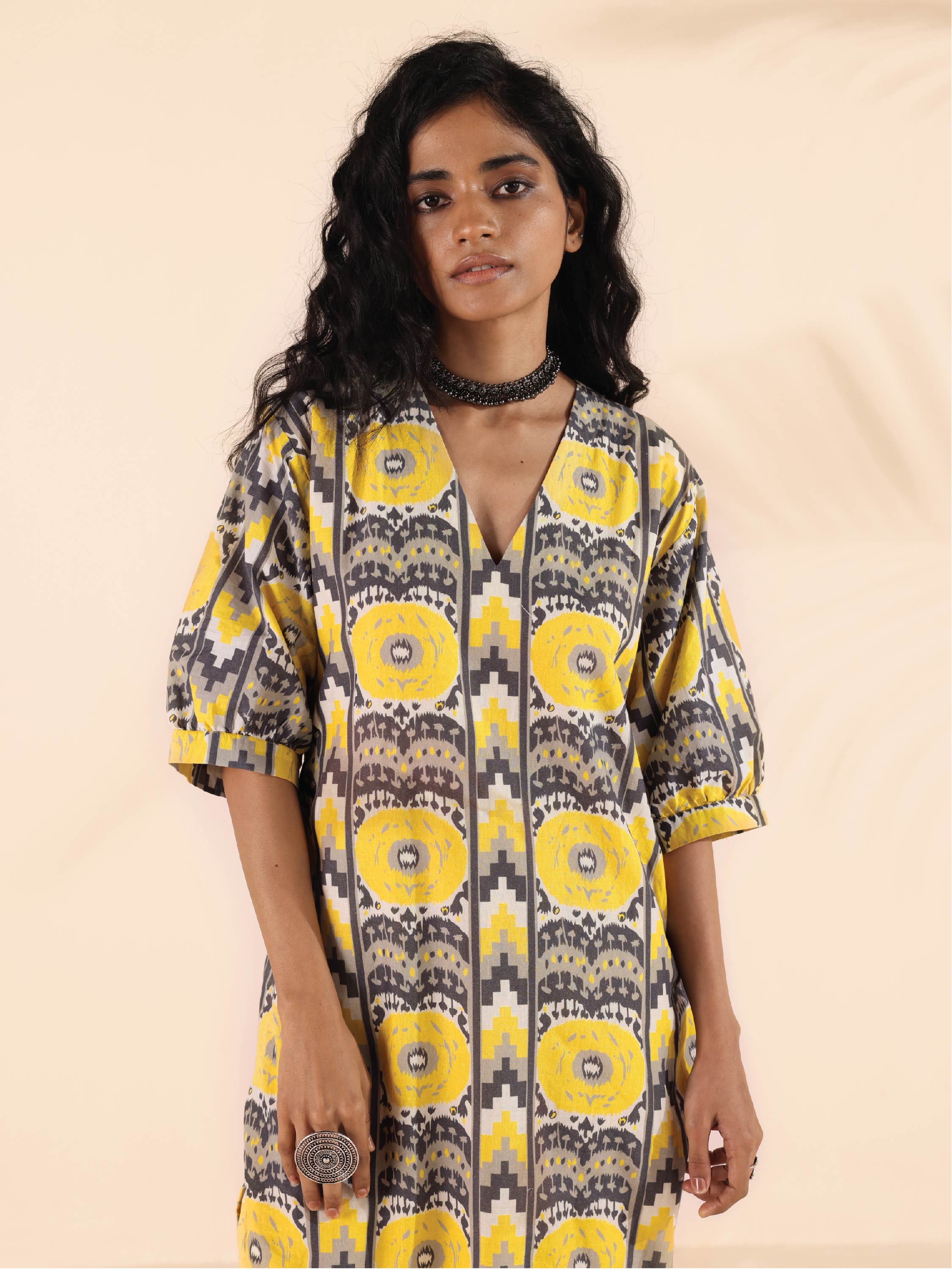 trueBrowns Yellow Cotton Ikat Slit Dress - Distacart