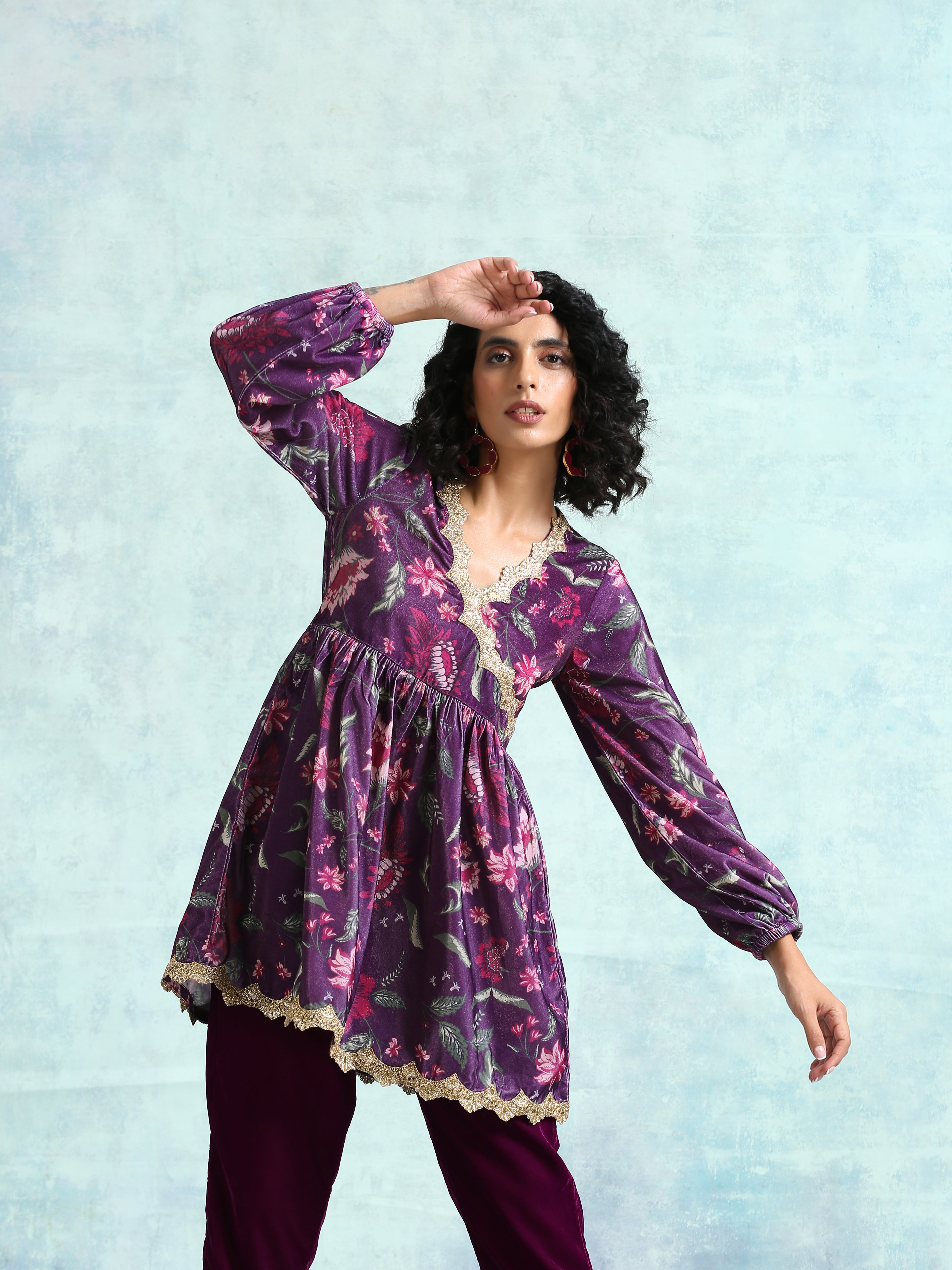 trueBrowns Wine Printed Velvet Lace Co-Ord Set - Distacart