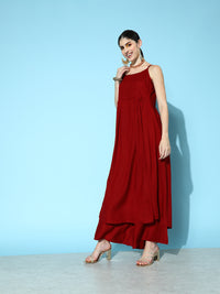Thumbnail for Varanga Women Maroon Strap Style A Line Kurta Paired With Tonal Bottom And Contrast Floral Printed Dupatta With Four Sided Fringes