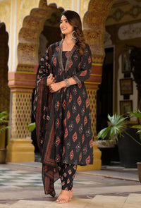Thumbnail for NOZ2TOZ Women Black Printed Viscose Rayon Kurta, Pant And Dupatta Set
