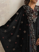 Thumbnail for trueBrowns Black Velvet Floral Embroidered Kurta Pant Dupatta Set - Distacart