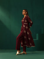 Thumbnail for trueBrowns Wine Geometric Viscose Silk V-Neck Front Slit Kurta Pant Set - Distacart