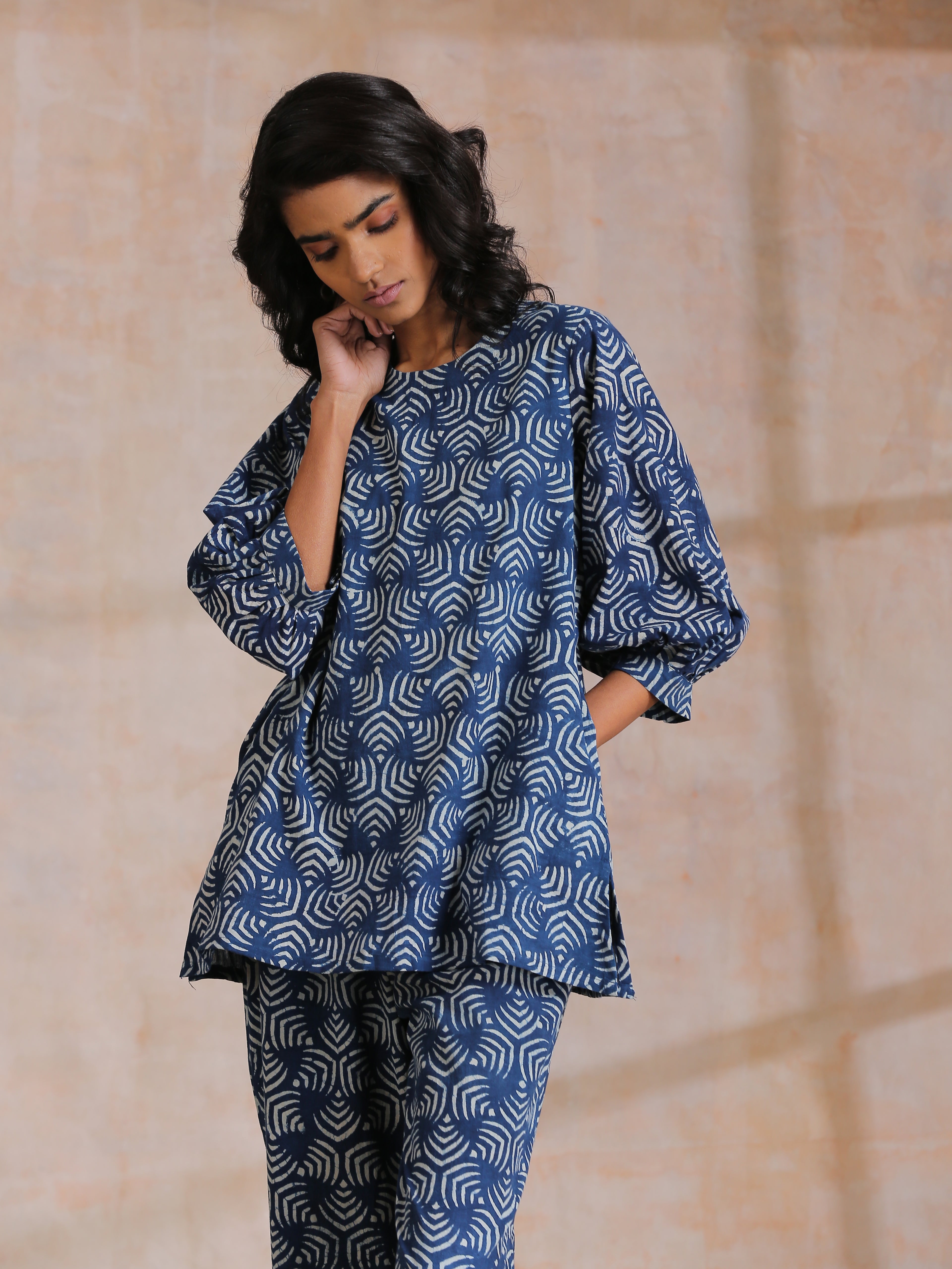 trueBrowns Indigo Dabu Overall Print Cotton Baggy Sleeve Co-Ord Set - Distacart