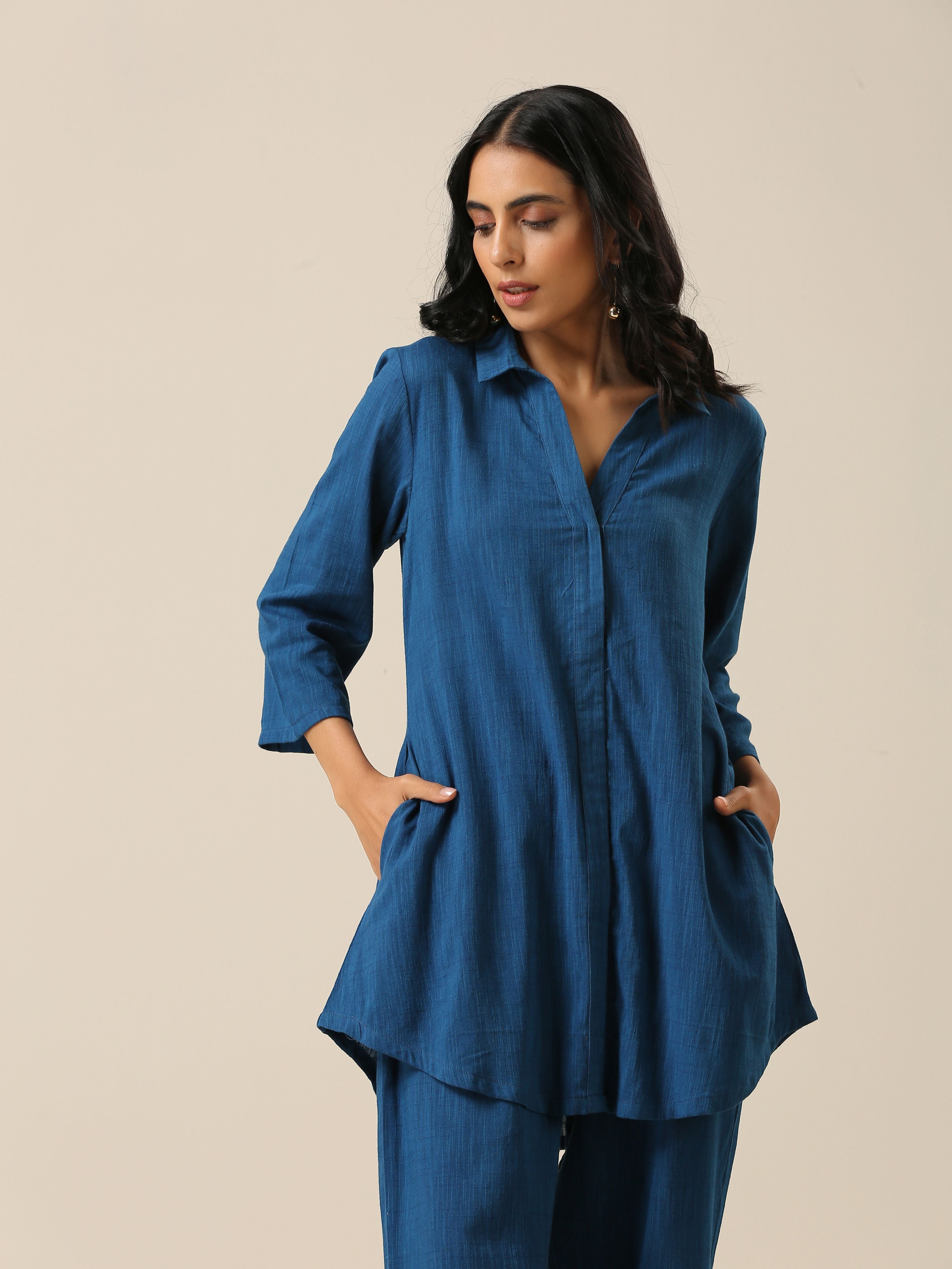 trueBrowns Classic Blue Slub Texture Collar Short Co-Ord Set - Distacart