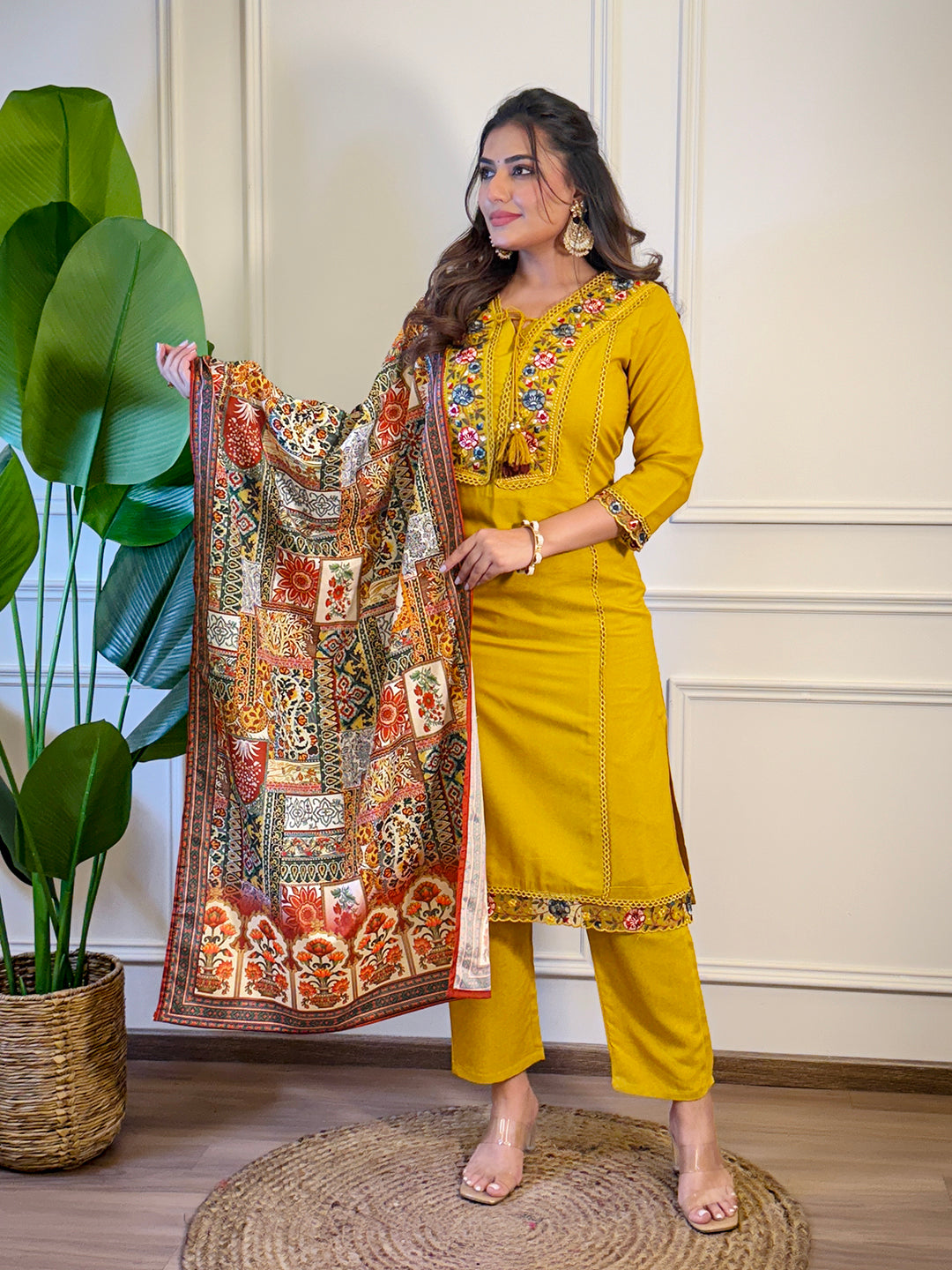 The52 Women's Gorgeous Viscose Embroidery Straight Kurta with Pant And Dupatta Set