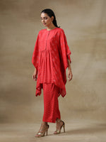 Thumbnail for trueBrowns Red Bandhani Printed Silk Kaftan Gathered Co-Ord Set - Distacart