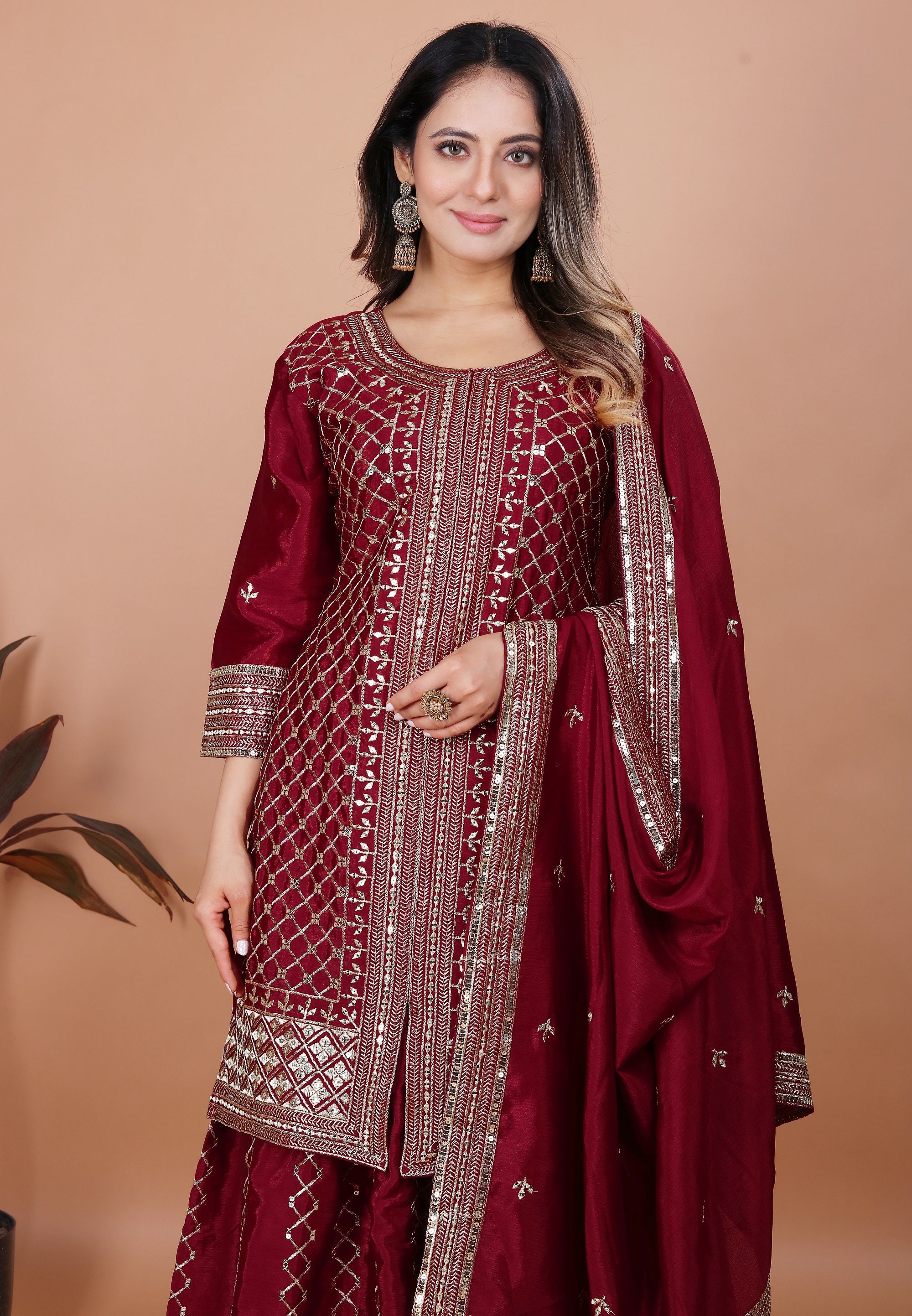 Yash Enterprise Maroon Chinon Silk Party Wear Embroidery Suit Set