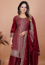 Thumbnail for Yash Enterprise Maroon Chinon Silk Party Wear Embroidery Suit Set