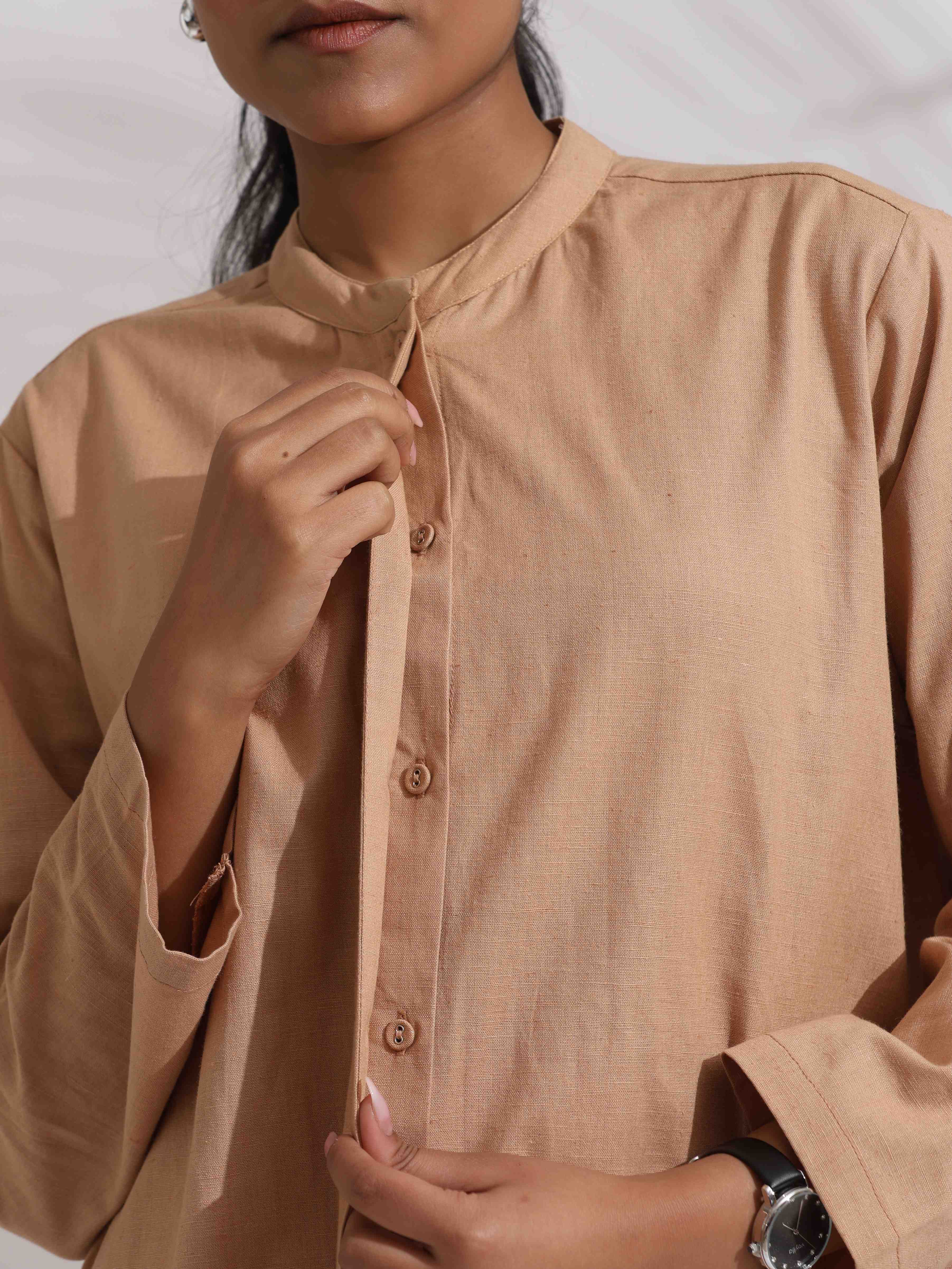 trueBrowns Beige Cotton Embroidered Shirt Top Co-ord Set - Distacart