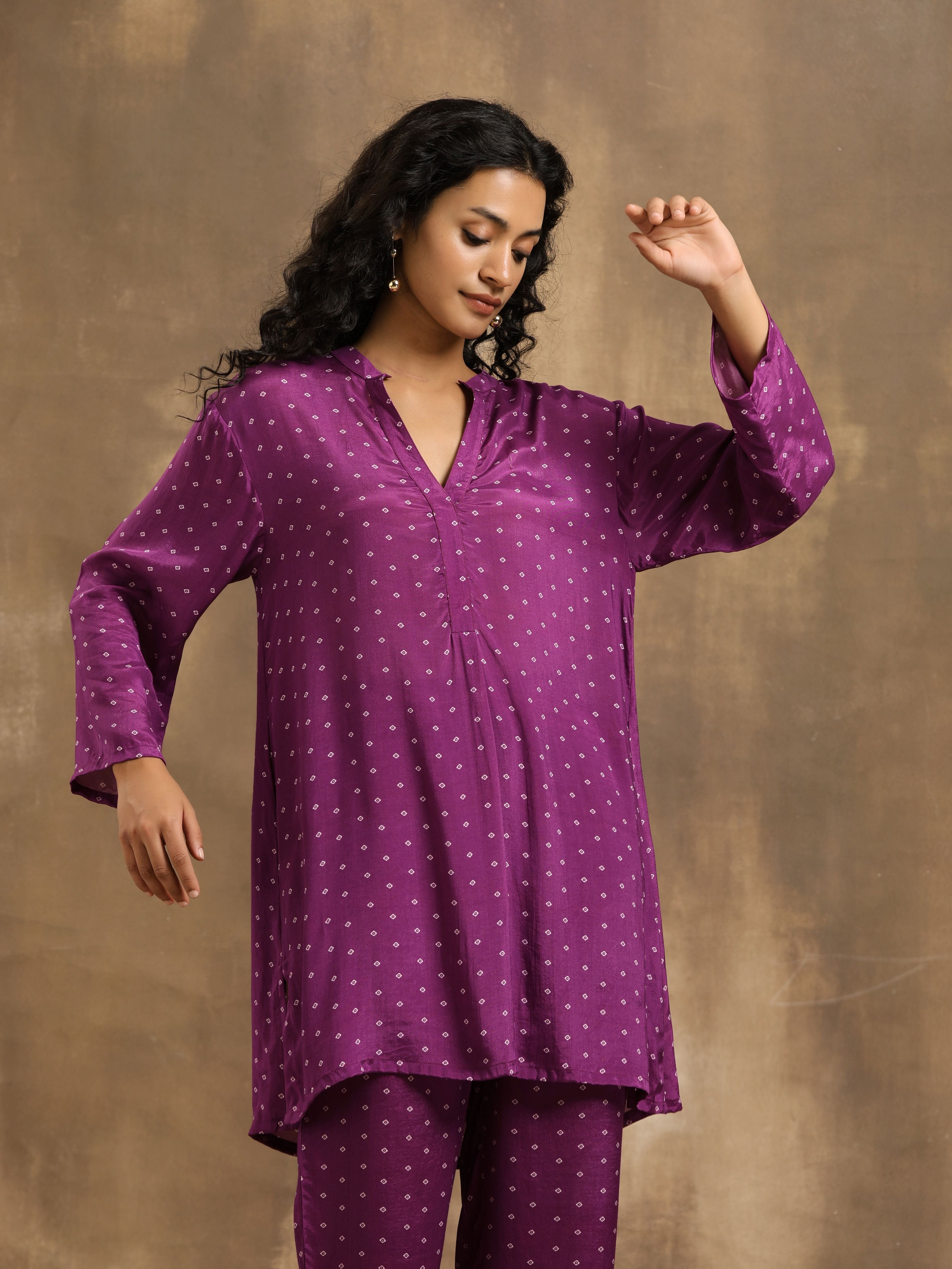 trueBrowns Purple Bandhani Printed Silk Co-Ord Set - Distacart