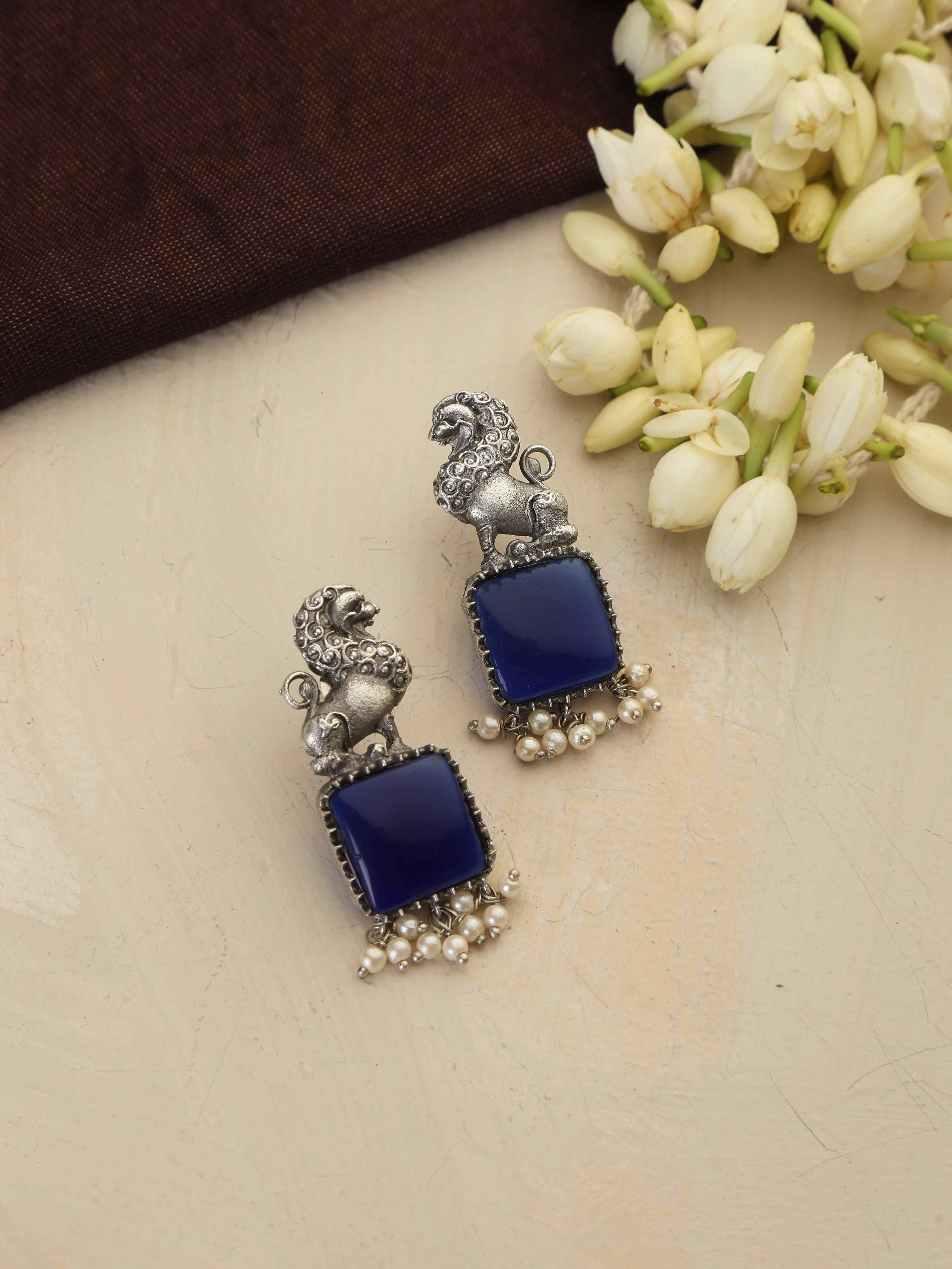 trueBrowns Silver Tone Turquise Stone Earrings - Distacart