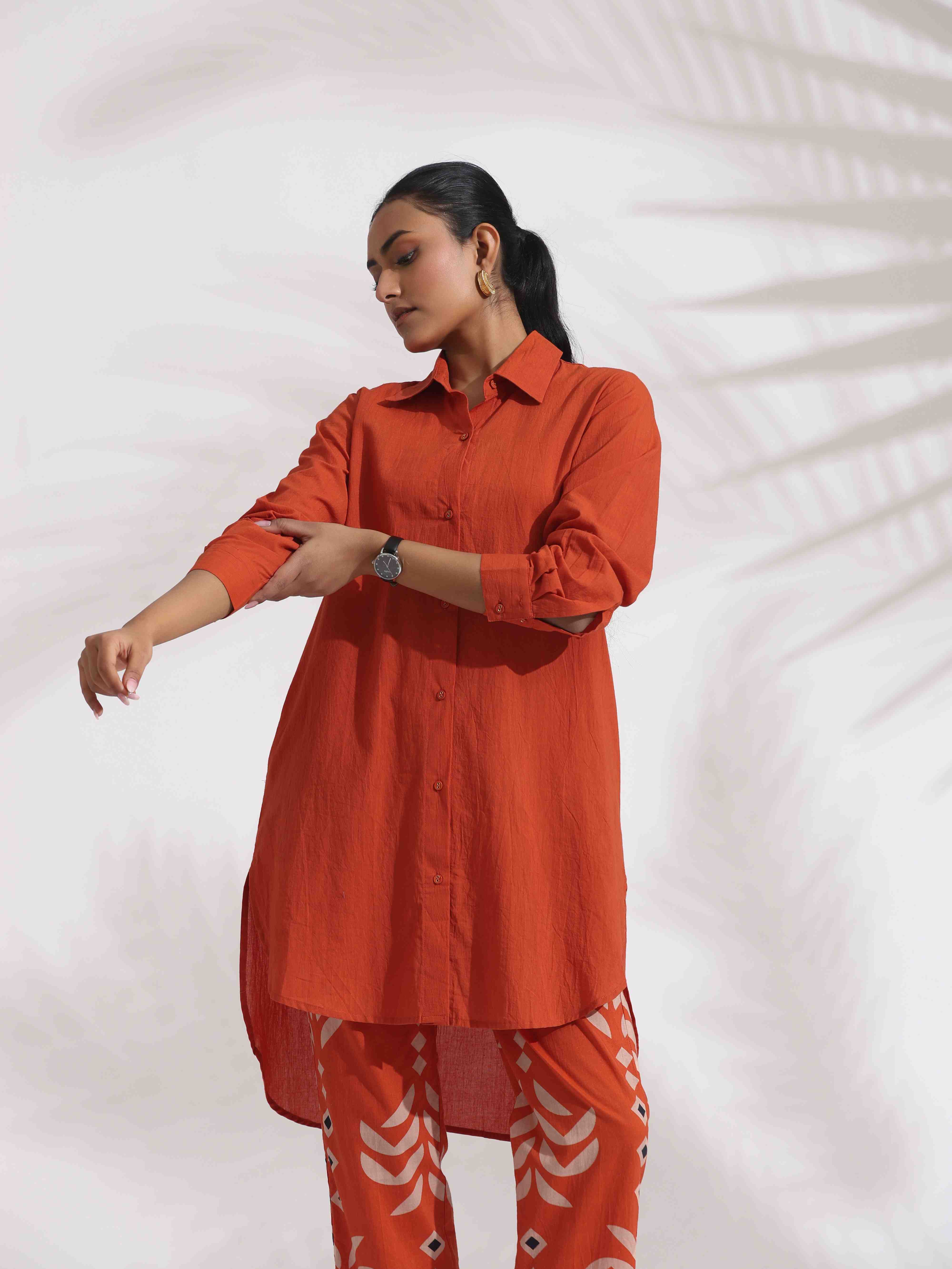 trueBrowns Orange Cotton Solid Shirt Kurta Co-ord Set - Distacart