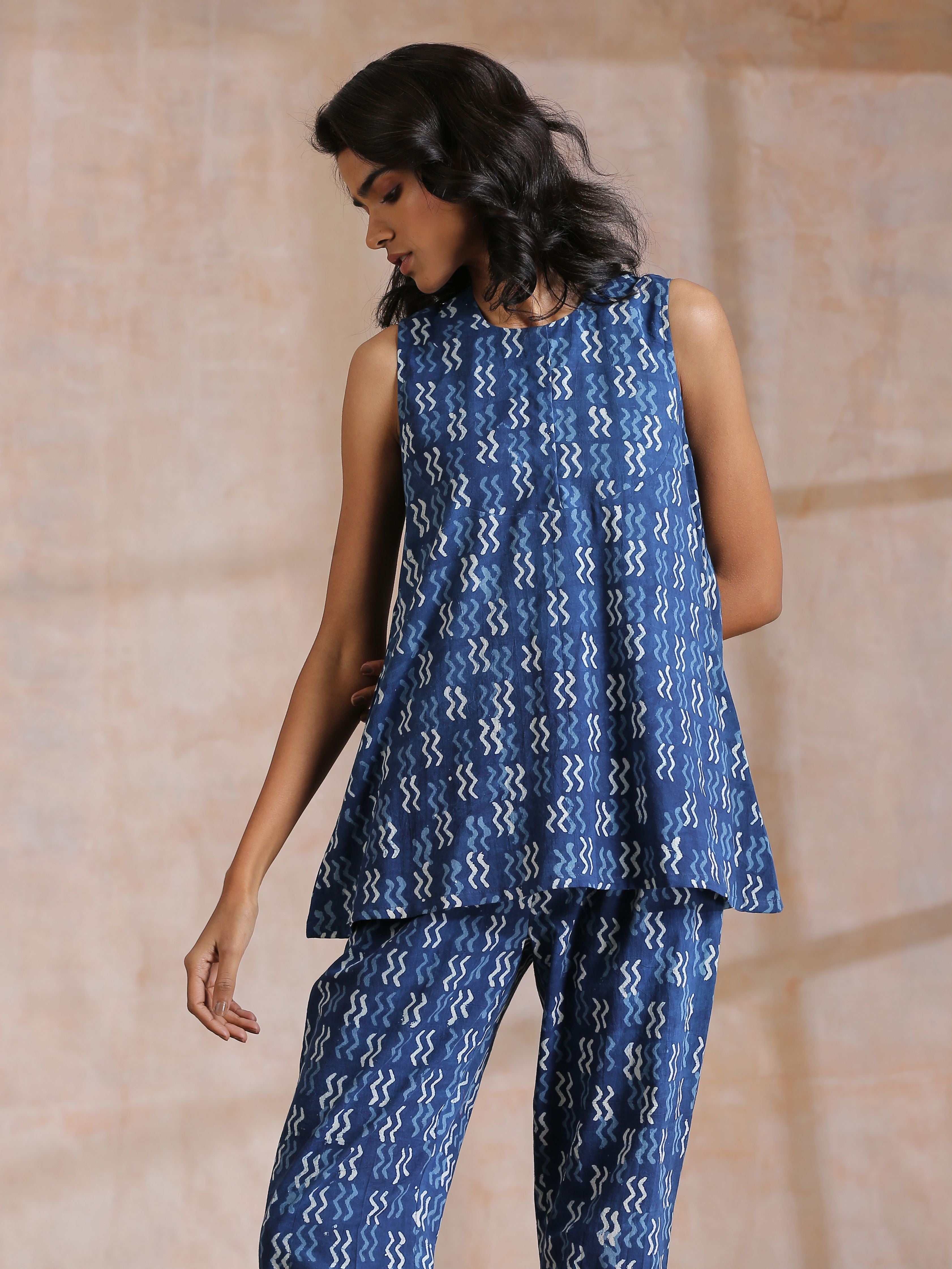 trueBrowns Indigo Dabu Zig-Zag Motifs Print Cotton Sleeveless Co-Ord Set - Distacart